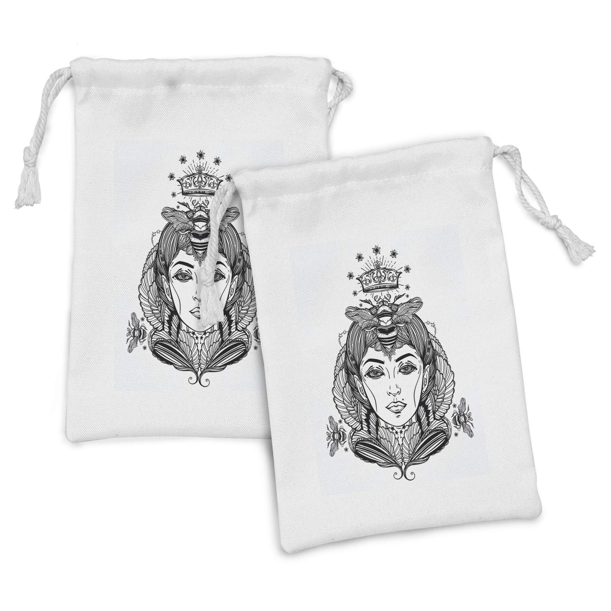 Ambesonne Queen Bee Fabric Pouch Set of 2 - Dark Brown & White Drawstring Bags (9