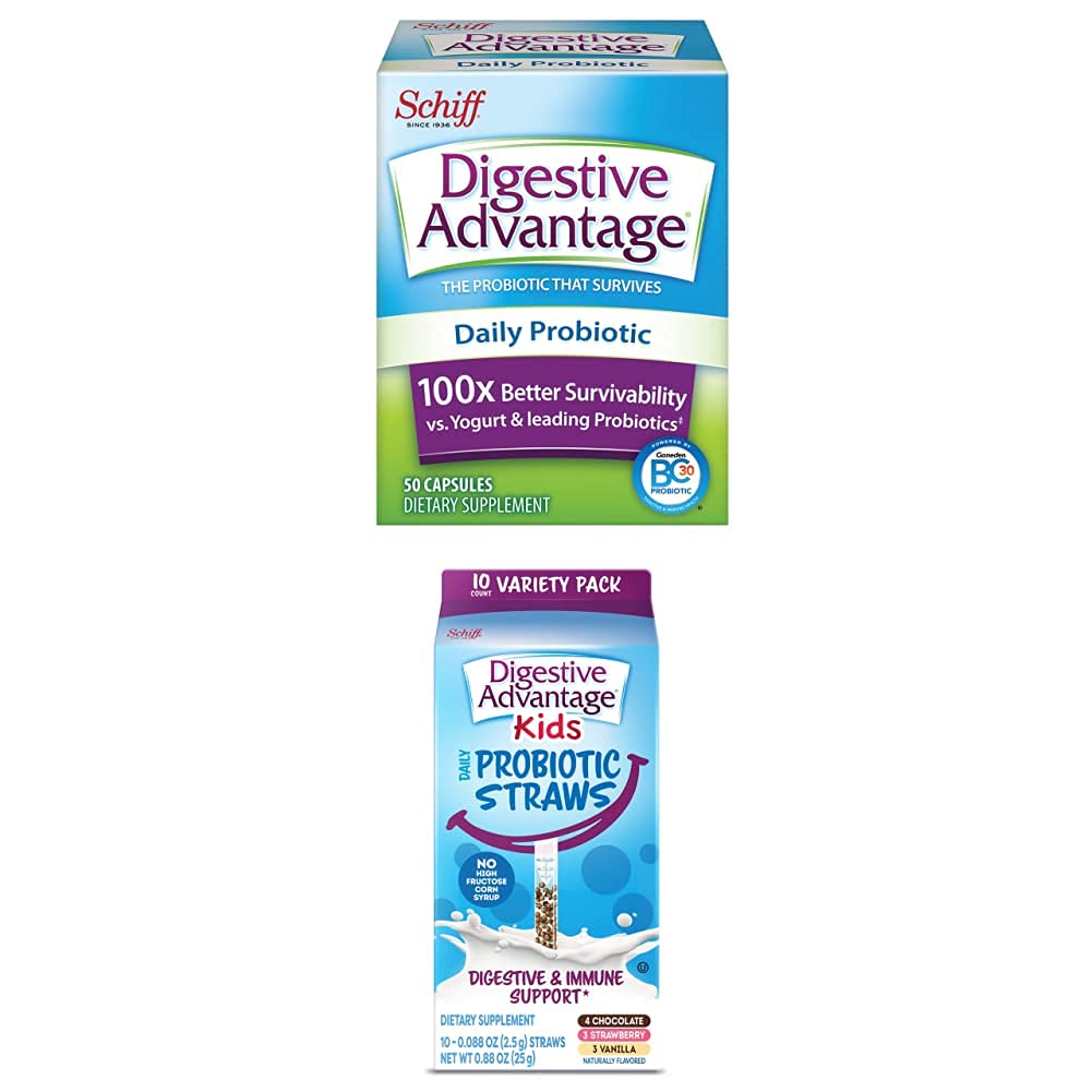 Digestive Advantage Daily Probiotic Capsules (50 Count) & Kids Assorted Flavor Probiotic Straws (10 Pack) - Gut Health Support for Adults & Children - Perfect for Travel, School & Daily Wellness