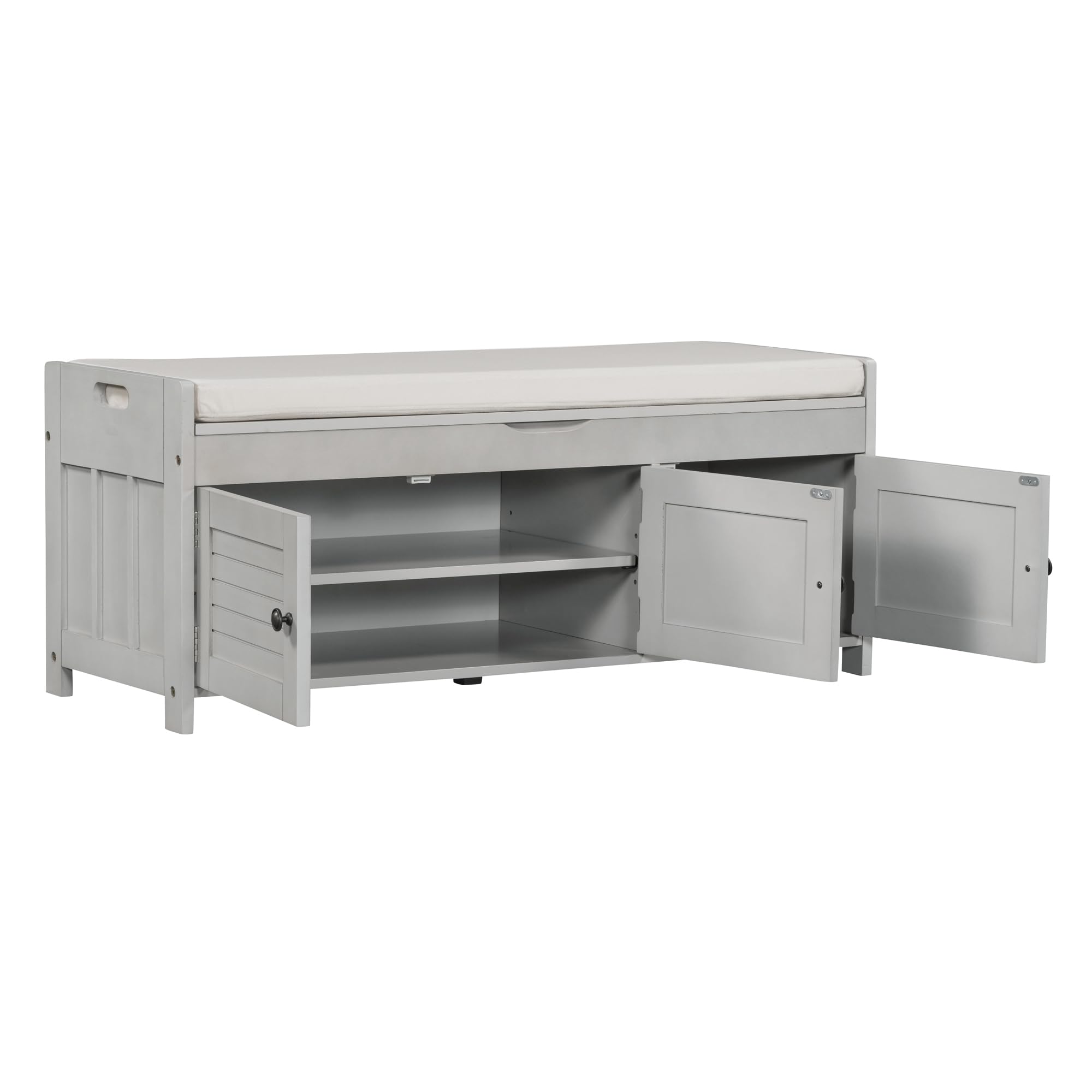 Harper & Bright Designs Solid Wood Storage Bench with 3 Shutter Doors, Removable Cushion & Hidden Compartment - Entryway Shoe Bench for Hallway, Living Room, Bedroom - Perfect for Organizing Shoes, Blankets & Home Decor