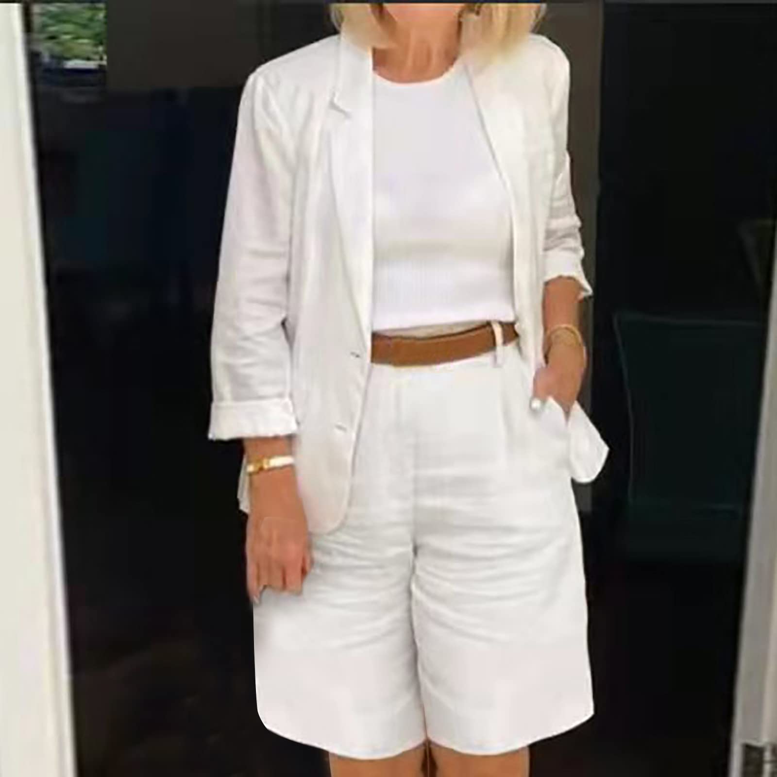 Women's Plus Size Linen Blazer & Shorts Set - Summer Business Casual Outfit for Work