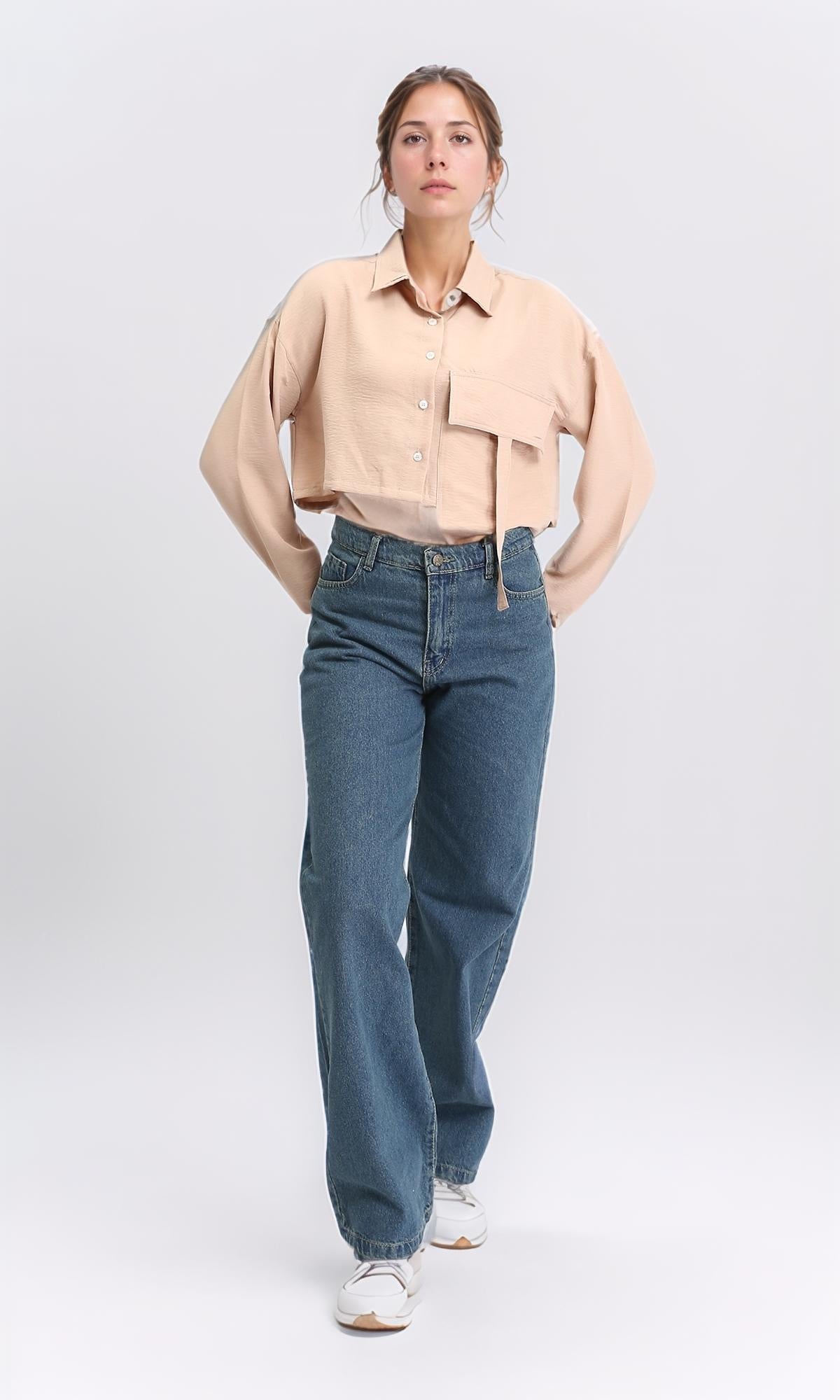 R208491 Solid Cropped Shirt with Front Pocket in Light Coffee - Casual Women's Tops for Everyday Wear & Summer Outfits