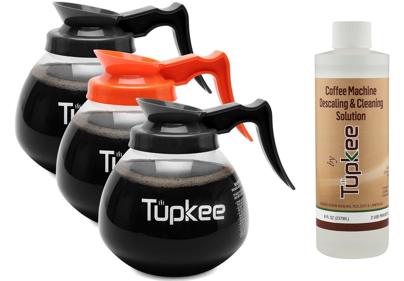 Commercial Coffee Pot Replacement - 12 Cup (64 oz) Glass Coffee Carafe Set of 3 (2 Black Regular Handle + 1 Orange Decaf) with Tupkee Descaling Solution - Perfect for Restaurants, Cafes & Office Coffee Makers
