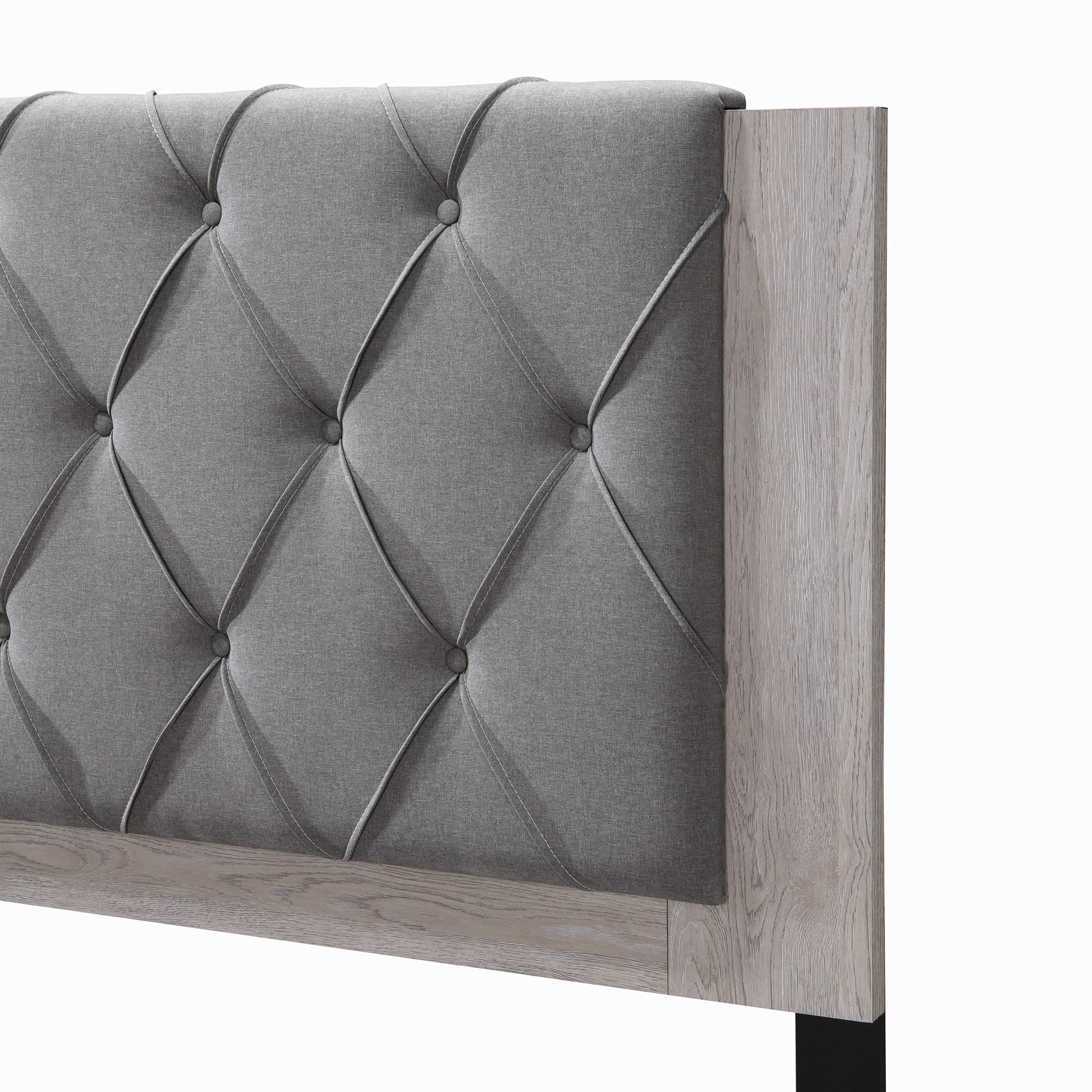 Kenton Panel Bed Frame with Diamond Tufted Upholstered Headboard - Queen Size Light Gray Platform Bed - Easy Assembly Modern Bedroom Furniture for Master Bedroom, Guest Room & Apartment