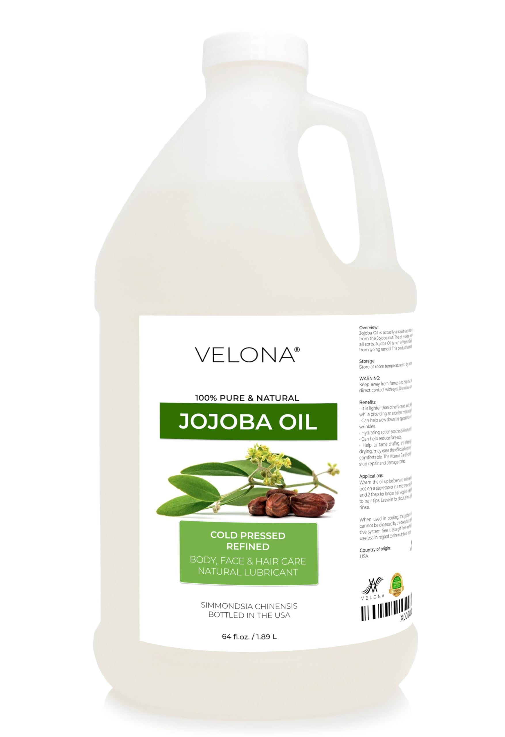 Velona 100% Pure Natural Jojoba Oil 64 fl oz - Cold Pressed, Refined Carrier Oil for Moisturizing Face, Hair, Body & Skin Care | Hydrating & Nourishing Solution for Dry Skin, Hair Growth & DIY Beauty Recipes | Perfect for Massage, Aromatherapy & Daily Skincare Routine
