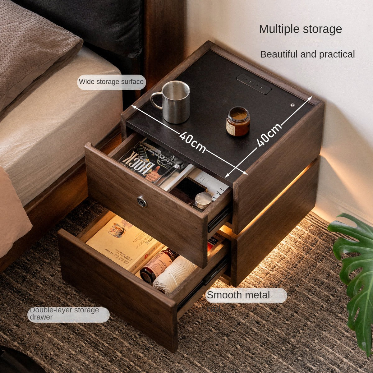 Premium Black Walnut Solid Wood Nightstand with Drawer - Modern Bedside Table for Bedroom, Living Room & Office - Durable Multi-Functional Storage Furniture