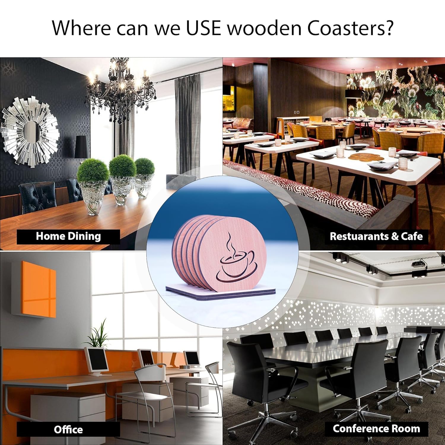 KERMIS Wooden Coaster Set of 6 with Stand - Absorbent Drink Coasters for Coffee, Tea & Glasses - Protects Furniture from Water Rings & Stains - Perfect Dining Table Decor & Housewarming Gift (9.5 x 9.5 cm) - Ideal for Home, Office, Restaurants & Coffee Shops