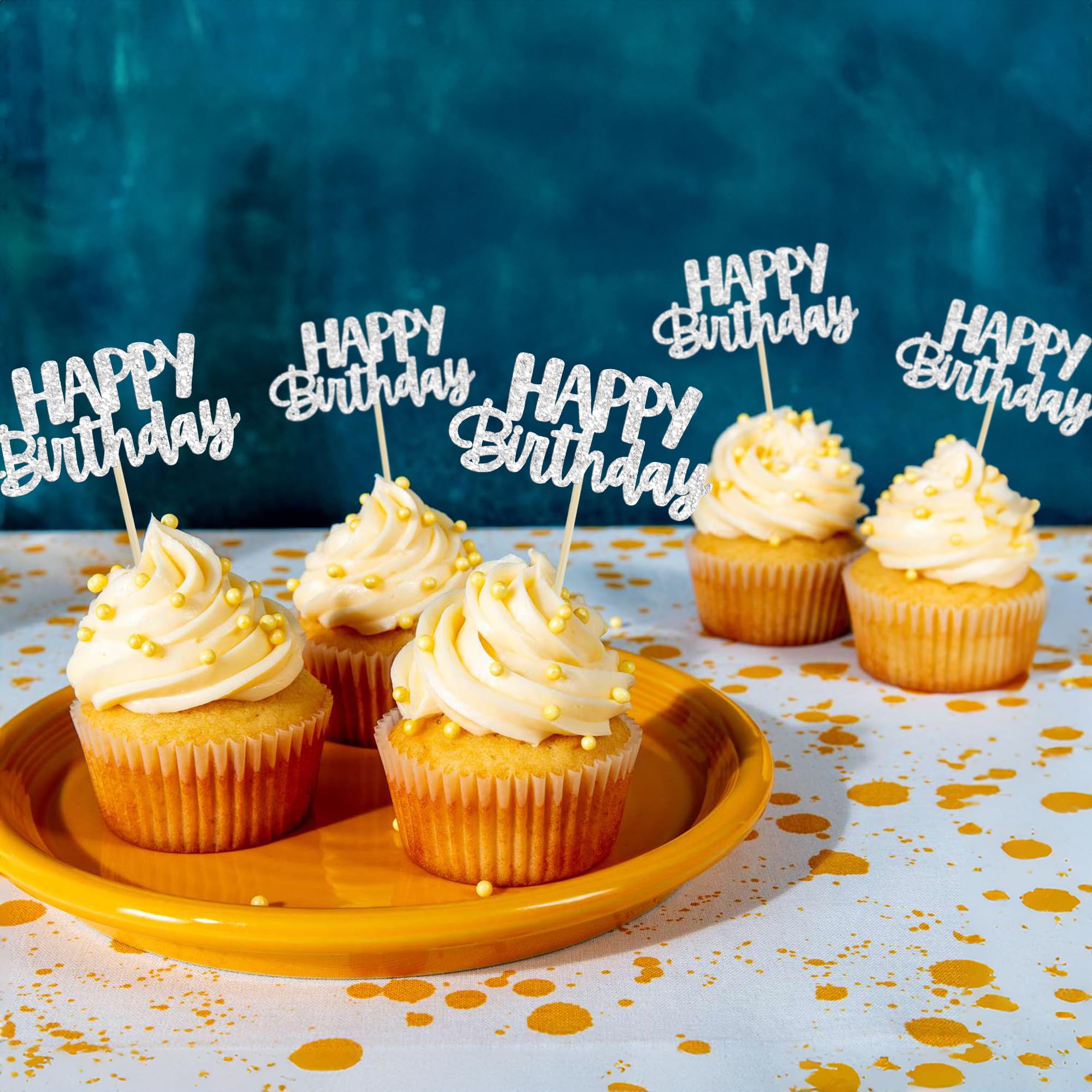 24Pcs Silver Glitter Happy Birthday Cupcake Toppers - Cake Decorations for Birthday Party Supplies | Perfect for Celebrations, Baby Showers & Anniversary Parties