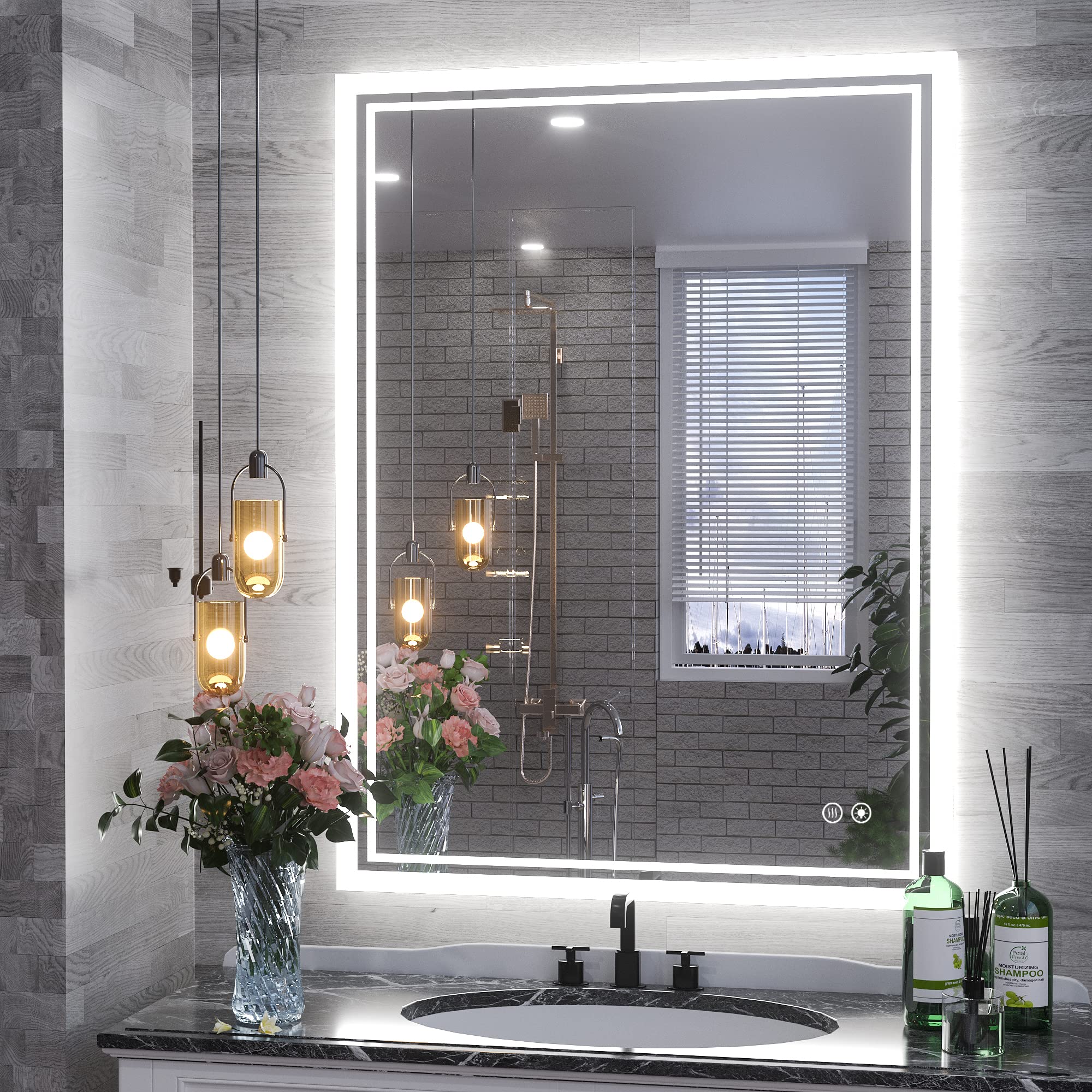 TokeShimi 32x24 Inch LED Bathroom Mirror with Front & Back Lighting - 3 Color Dimmable, Anti-Fog, Touch Switch, Wall Mounted - Adjustable White/Warm/Natural Light - Waterproof for Modern Bathroom Vanity & Makeup Area