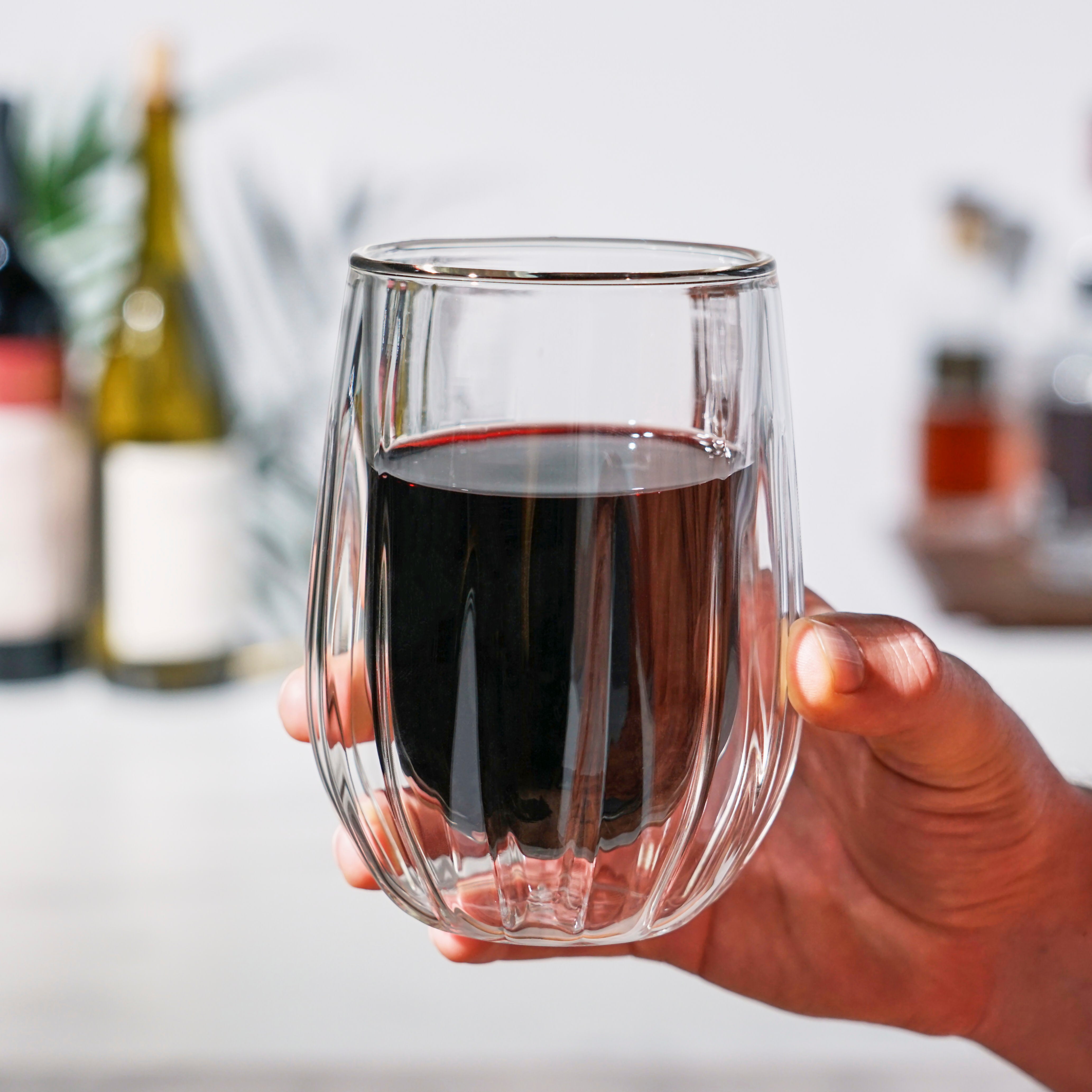 Premium Double Walled Stemless Wine Glasses Set of 2 - Shatterproof & Elegant for Red/White Wine, Cocktails - Perfect for Dinner Parties, Romantic Dates & Outdoor Picnics