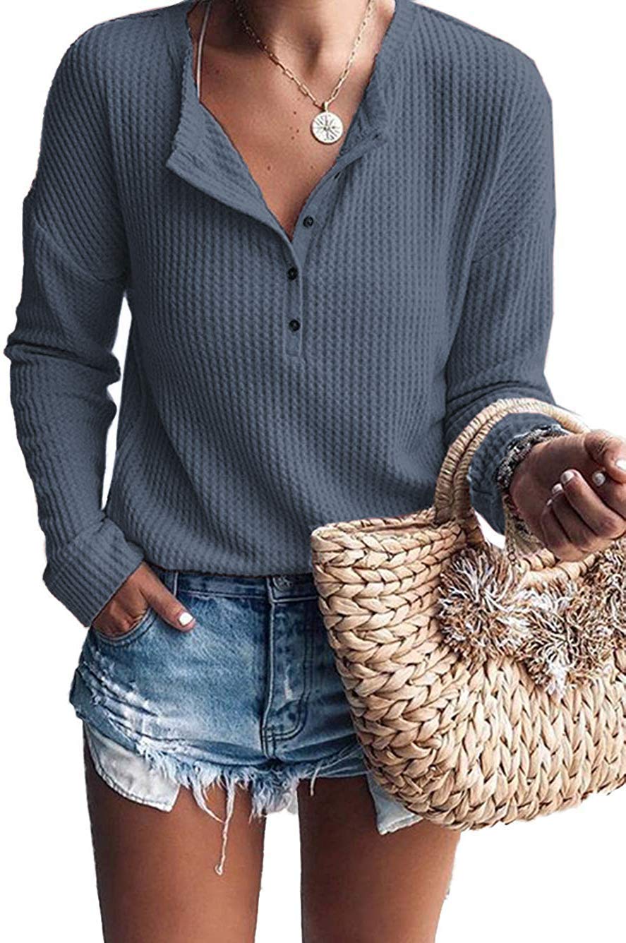 Glanzition Women's Casual V-Neck Button-Up Loose Waffle Knit Tunic Henley Shirt - Comfortable & Stylish Blouse for Everyday Wear, Work, and Weekend Outings
