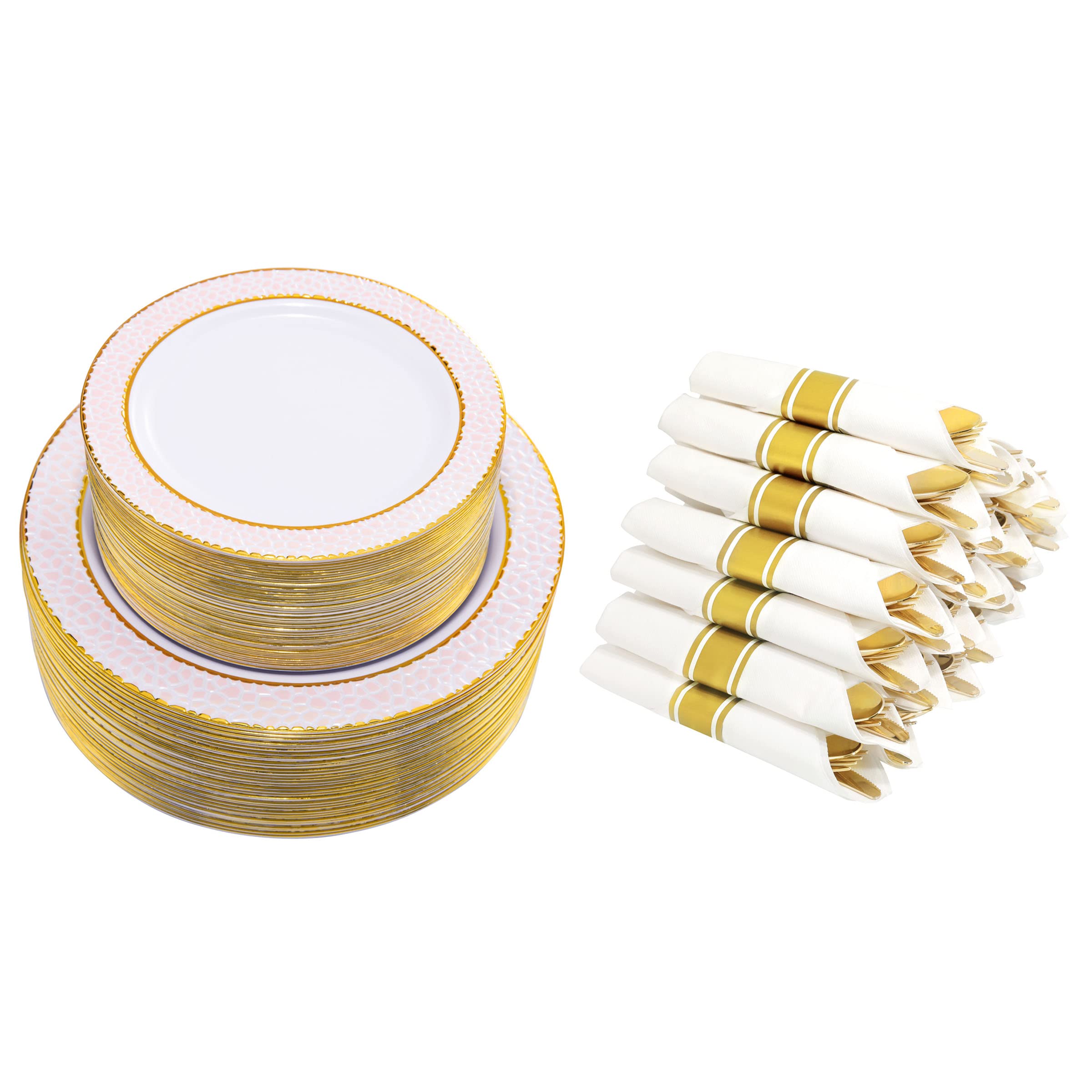 Liacere 102-Piece Pink Plastic Plates & 30-Pack Gold Plastic Cutlery Set - Perfect for Birthday Parties, Weddings, and Outdoor Events