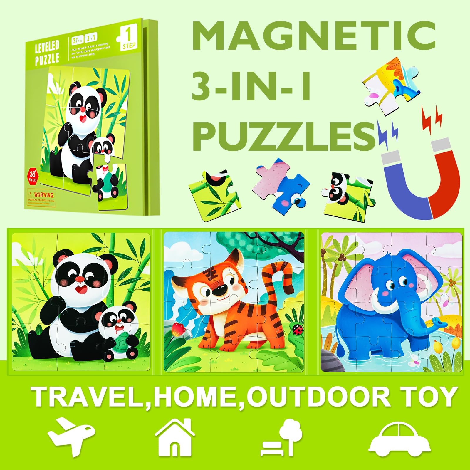 Magnetic Puzzle Book for Toddlers Ages 3-5 | 3-in-1 Animal Learning Toys | Montessori Educational Travel Games for Boys & Girls | Perfect for Preschool Activities, Road Trips & Airplane Entertainment