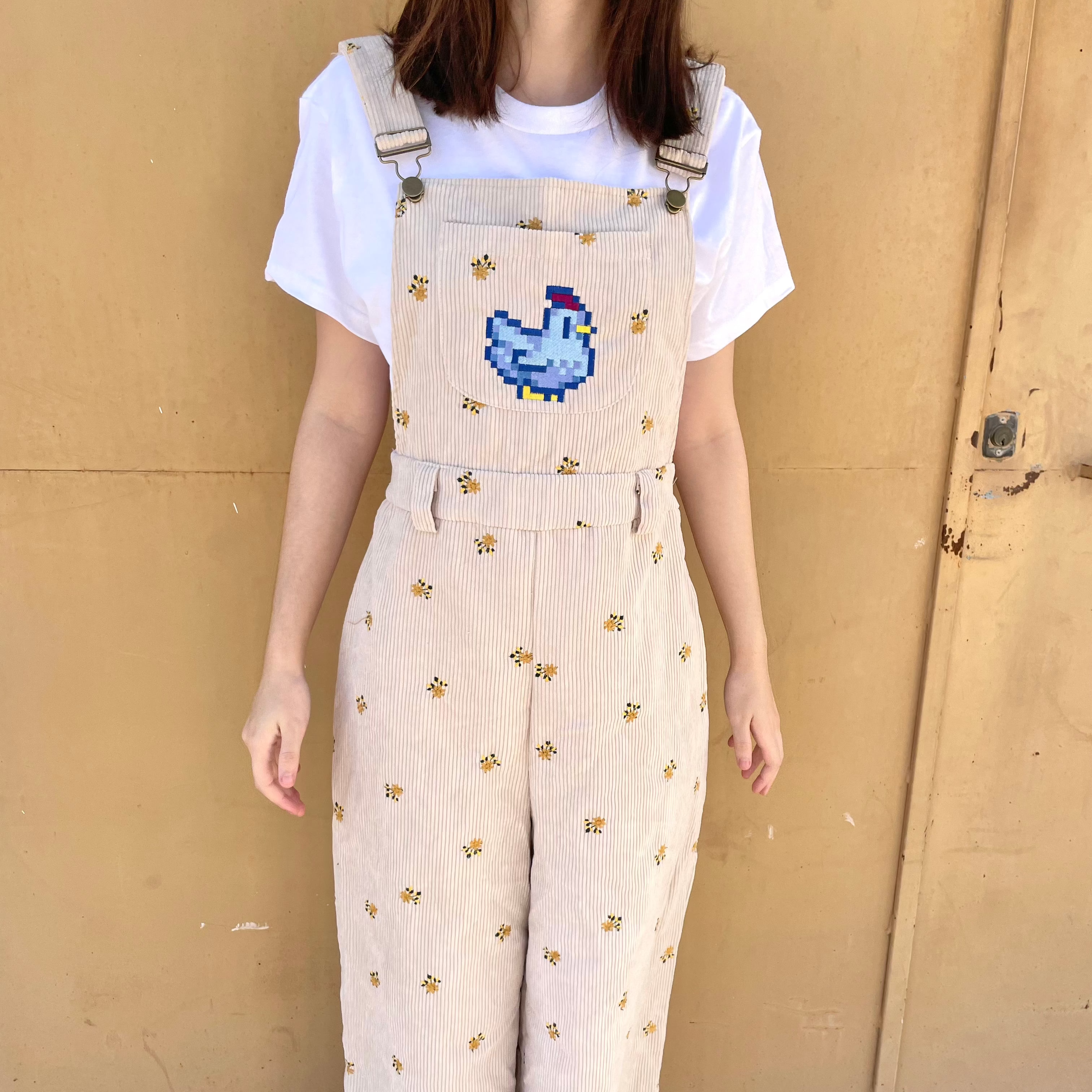 Stardew Valley Inspired Floral Overalls for Women - Cute Chicken Print Long Pants - Perfect for Cosplay, Farming, Gardening & Casual Wear