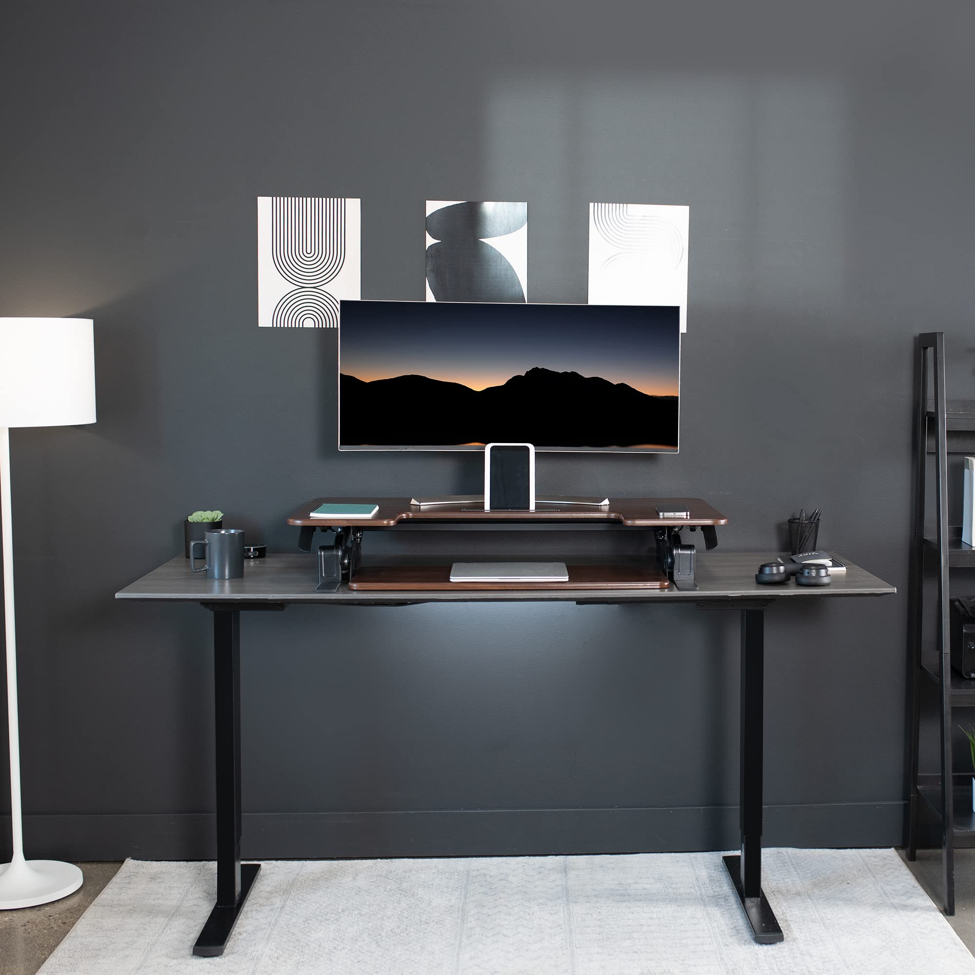 VIVO Dark Wood Height Adjustable 91cm Stand Up Desk Converter - Quick Sit to Stand Tabletop Dual Monitor Riser Workstation for Home & Office (DESK-V000VD) | Ergonomic Workspace Solution for Computer, Laptop & Monitor Setup