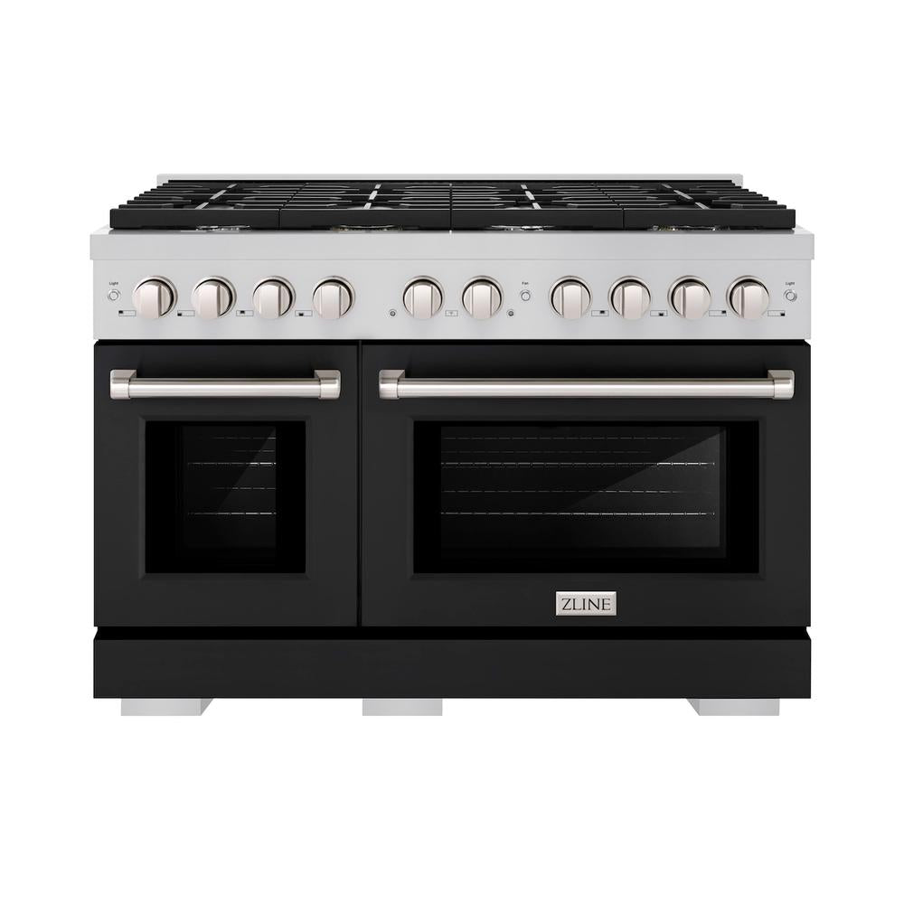 ZLINE 48-Inch Stainless Steel Dual Fuel Range with 8-Burner Gas Cooktop & Black Matte Doors - 6.7 cu. ft. Double Oven for Professional Home Cooking | Perfect for Large Families & Entertaining Guests