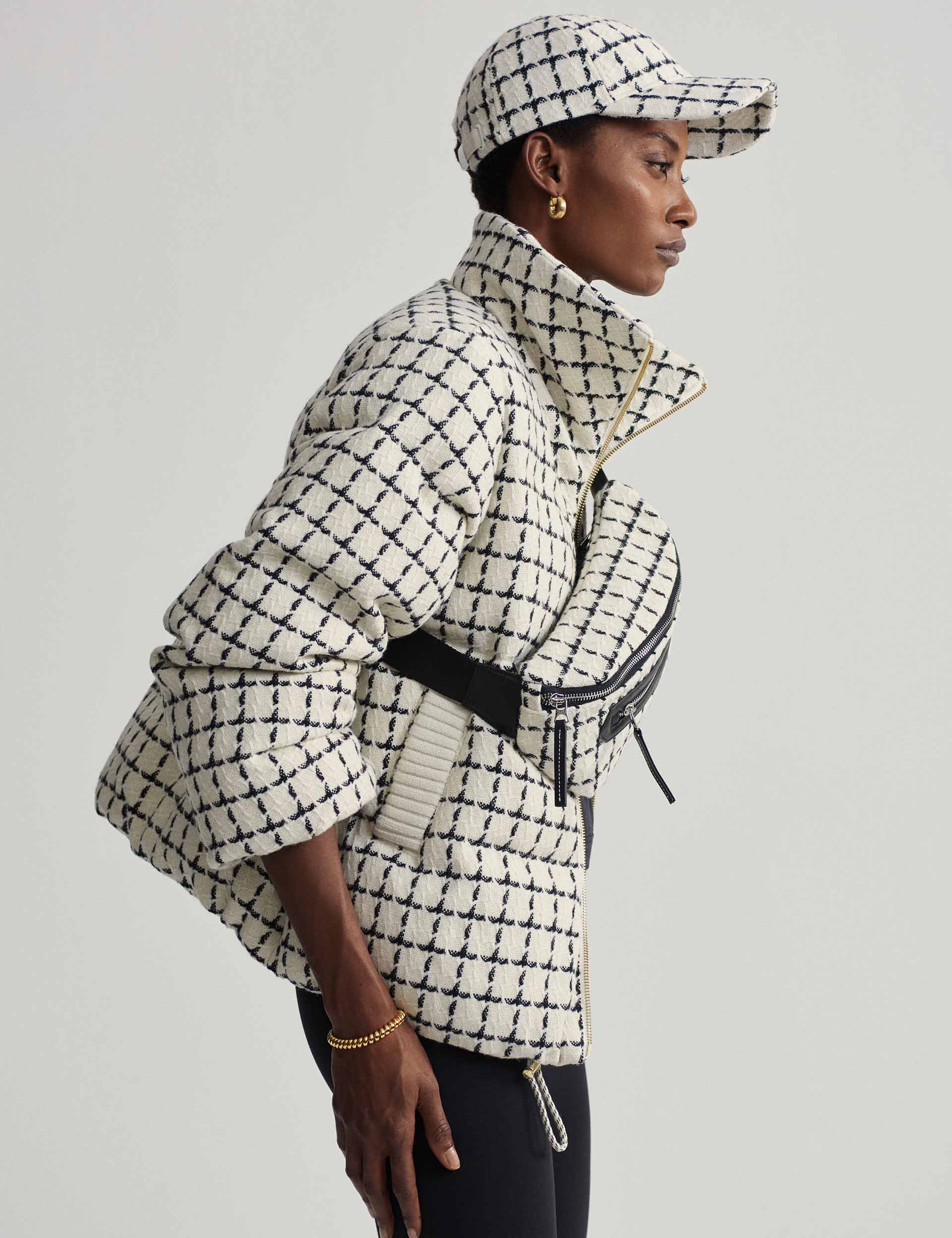 Eugene Check Puffer Jacket - Stylish Egret Mono Check Coat for Women | Winter Warm Fashion Outerwear | Perfect for Casual Outings and Office Wear