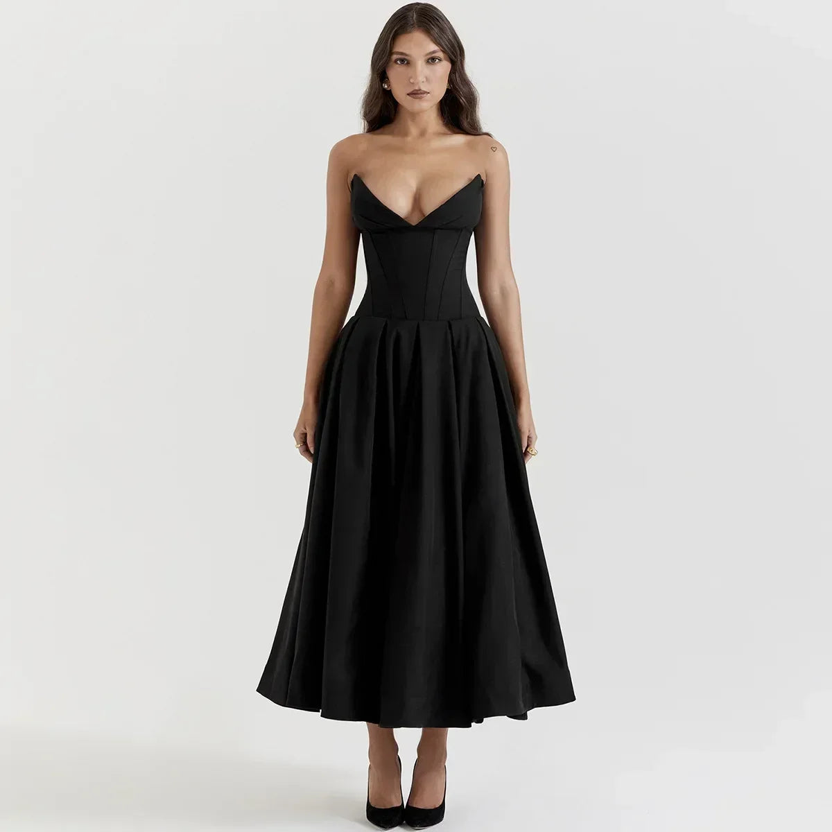 Elegant Black Strapless Corset Midi Dress for Women - Sexy Wedding, Christmas Party & Formal Events - 2023 Fashion Clothing for Special Occasions & Evening Gatherings
