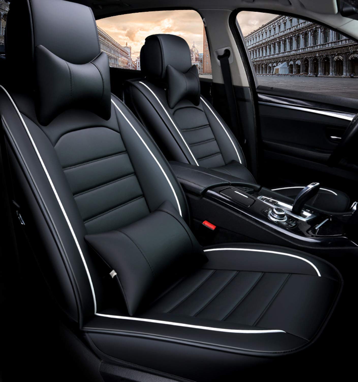 YUYTIN Universal 5-Seat Car Seat Covers - Waterproof PU Leather with Headrest & Lumbar Support Pillows for Sedan, SUV, Truck | Durable Protection for Road Trips, Daily Commute & Family Travel | Perfect for Pet Owners, Kids & Long Distance Driving