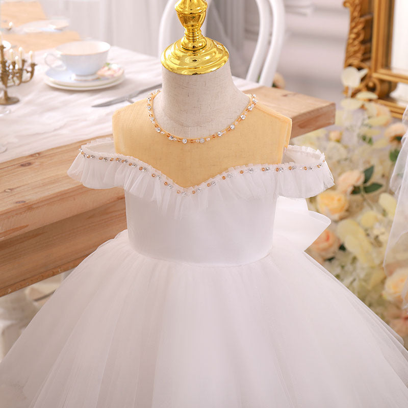 Elegant White Princess Tea-Length Tulle Flower Girl Dress with Beading - Perfect for Weddings, Pageants & Special Occasions
