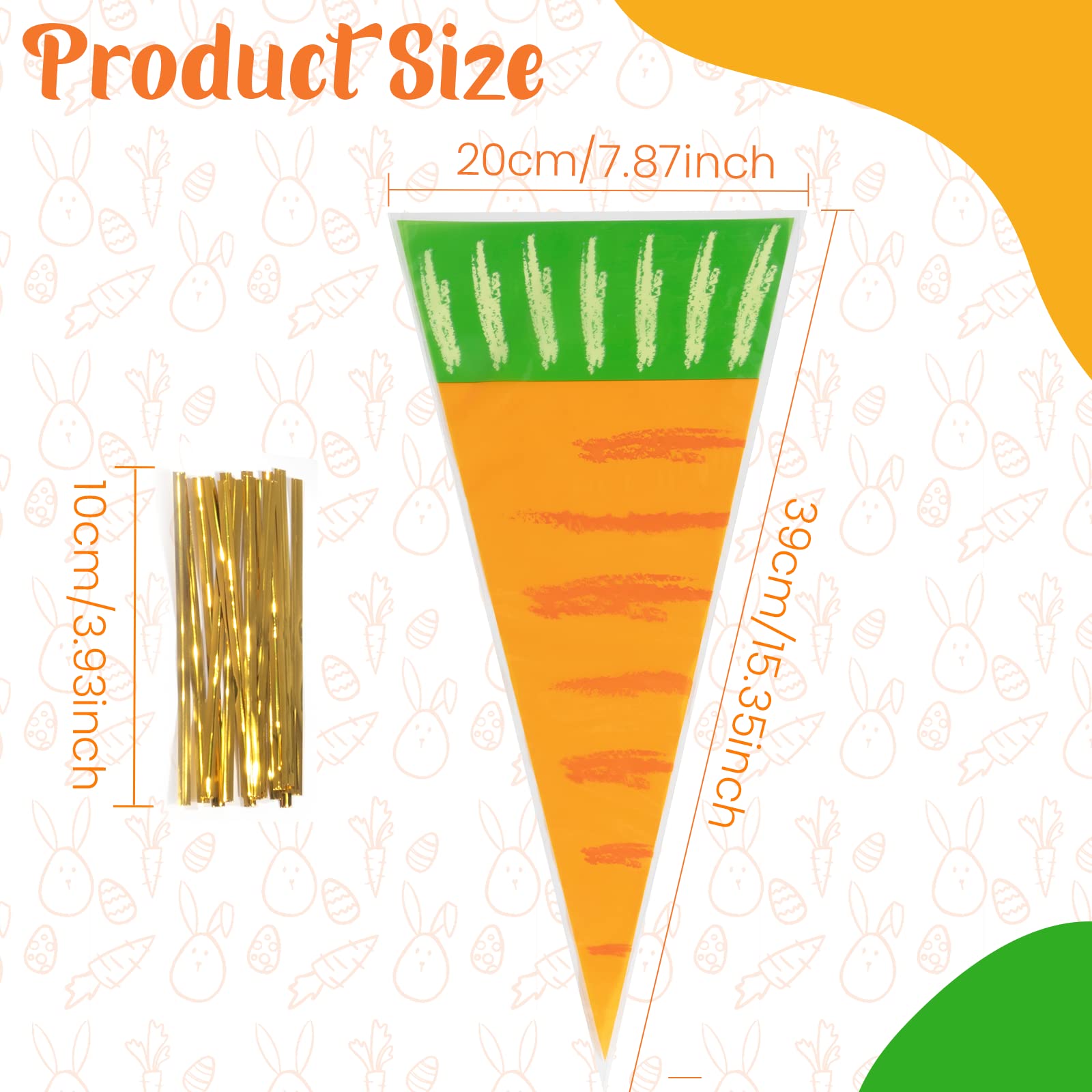 ISKYBOB 100 Sheets Carrot Shaped Plastic Candy Bags - Easter Bunny Treat Cones with Twist Ties for Party Favors, Baby Shower Gifts & Easter Decorations - Perfect for Holiday Celebrations, Classroom Rewards and Candy Packaging