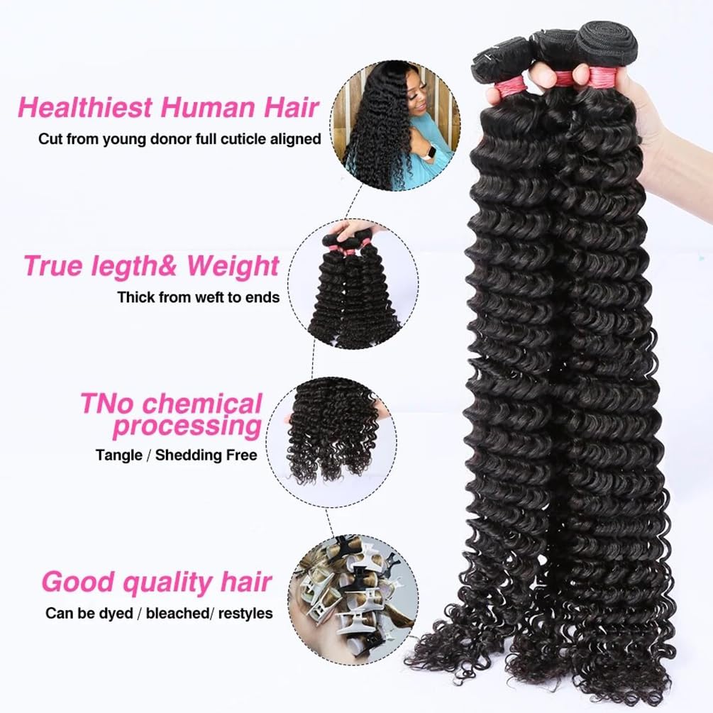 100% Unprocessed Brazilian Virgin Remy Deep Wave Human Hair Bundles (22 24 26 28 Inch) 12A Grade - Natural Black Curly Weft Hair Extensions for Black Women | Perfect for Protective Styles, Weaves & Volume Boosting