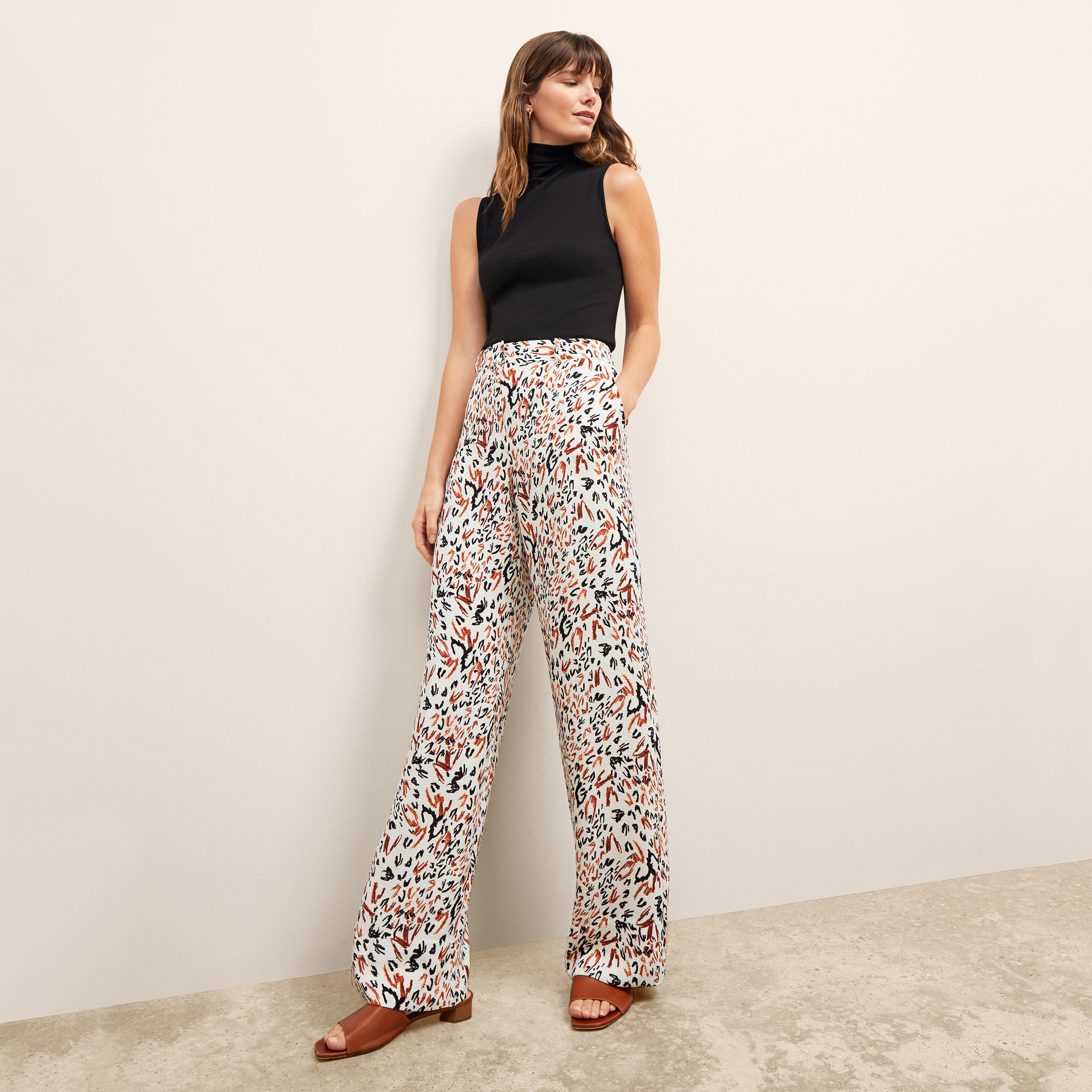 Tinsley Wide Leg Pants for Women - Soft Pebble Crepe Fabric with Leopard Sketch Print | Comfortable Office Wear & Casual Outfits