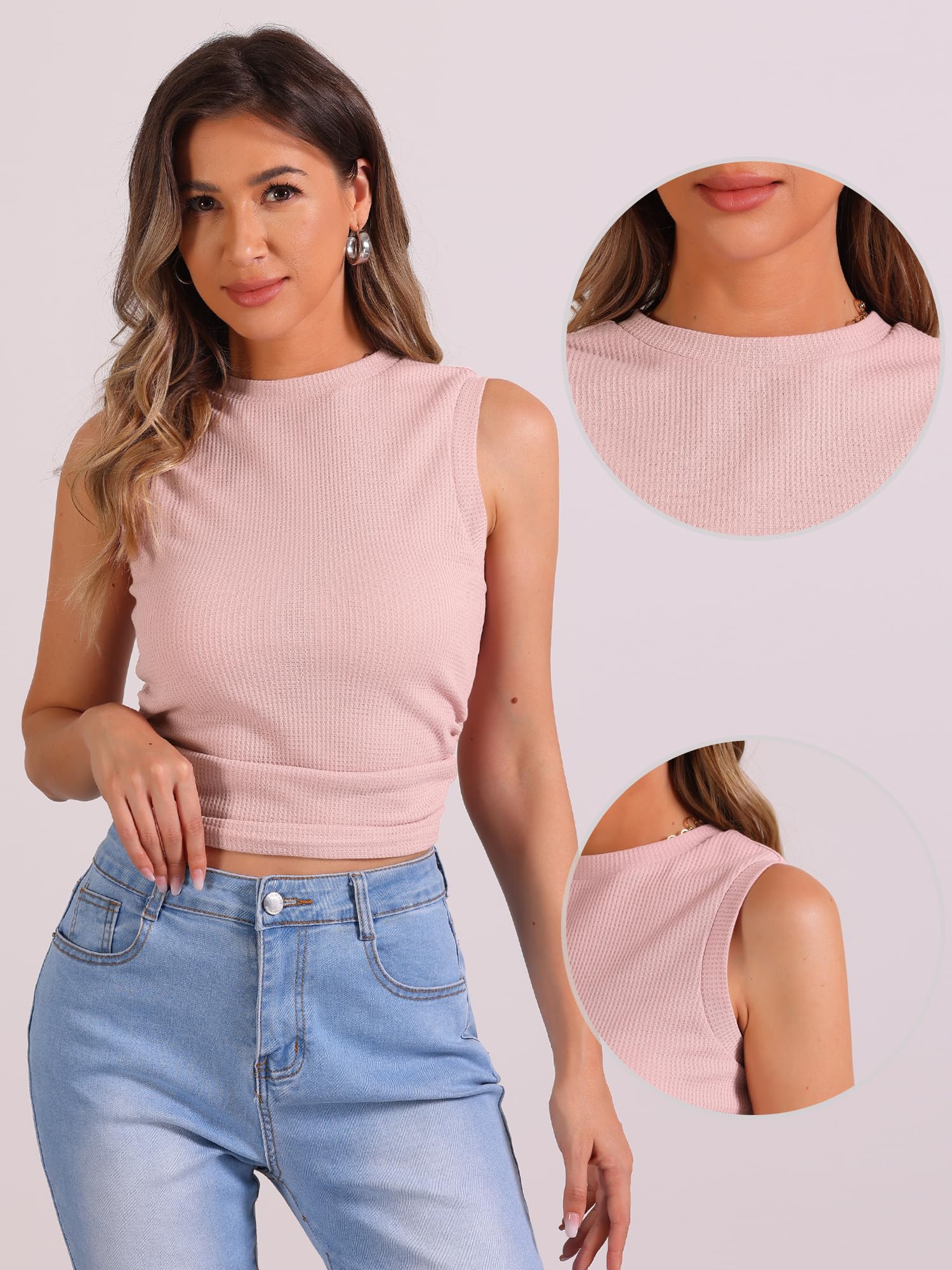 Allegra K Women's Waffle Knit Vest - Casual Fitted Sleeveless Crew Neck Side Ruched Tank Top | Perfect for Layering, Office Wear & Everyday Outfits