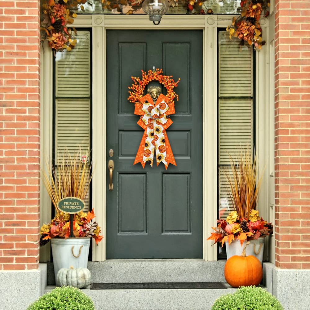 Fall Pumpkin Wreath Bows - Orange White Burlap Decor for Thanksgiving Door