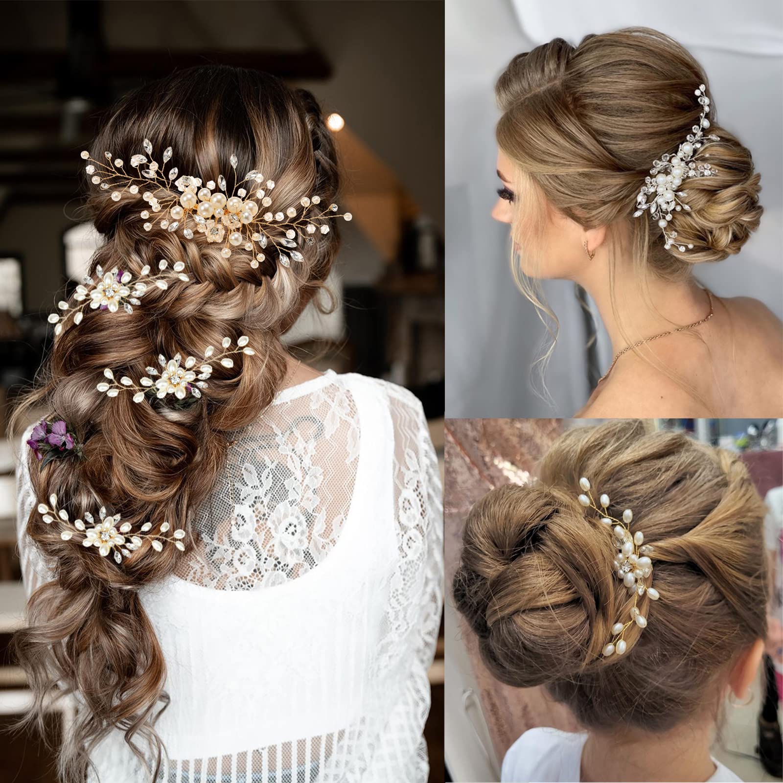 Elegant Pearl Crystal Rhinestone Wedding Hair Comb & 4 Hairpins Set - Bridal Hair Accessories for Bride, Bridesmaids & Women (Gold, 5-Piece) - Perfect for Weddings, Prom, Parties & Special Occasions