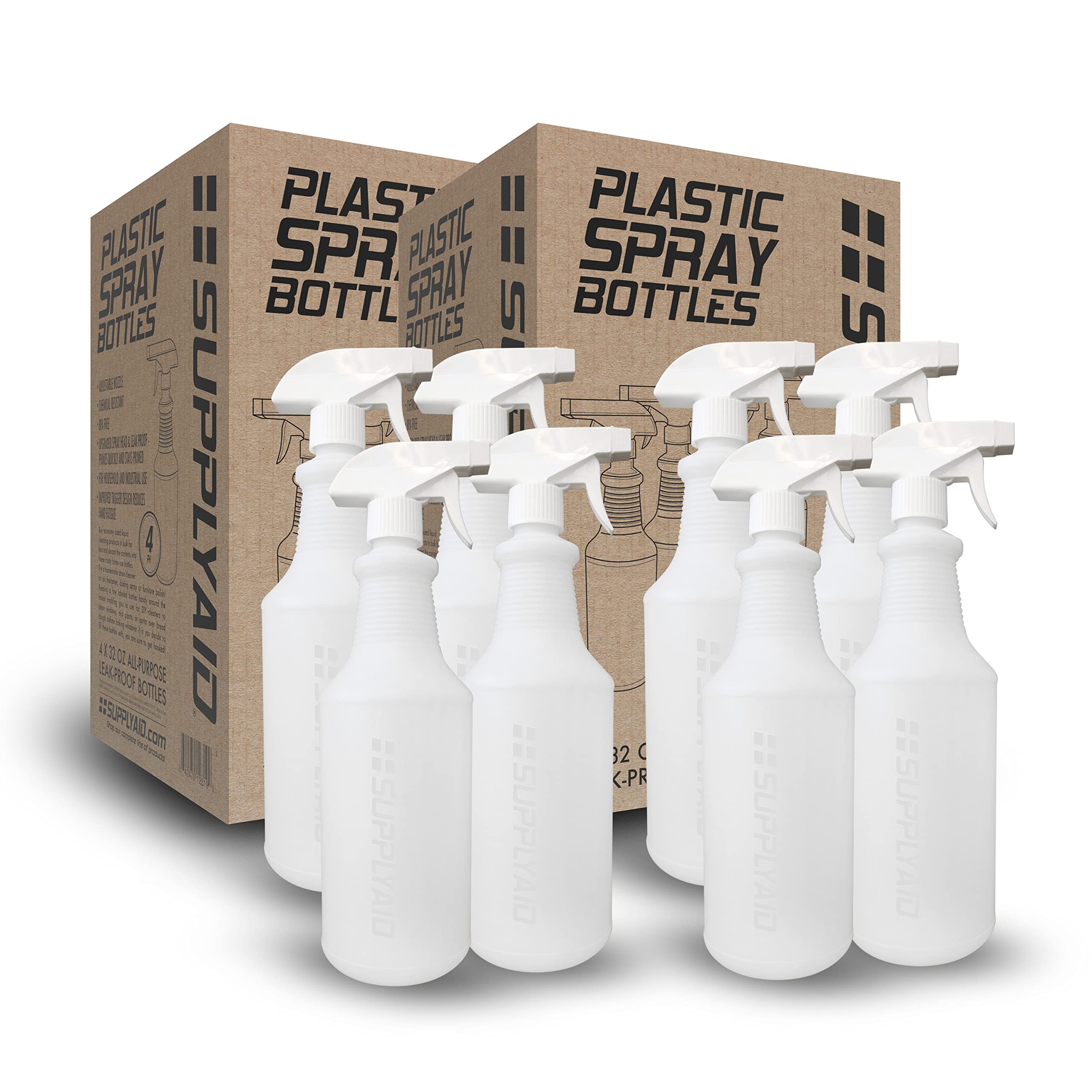 SupplyAID Heavy Duty Leak Proof Professional Spray Bottles - 8-Pack HDPE Sprayers with Adjustable Nozzle for Cleaning, Gardening & Plant Care | Pressurized, Non-Clogging & Ounce Measurement | Ideal for Home, Office & Commercial Use