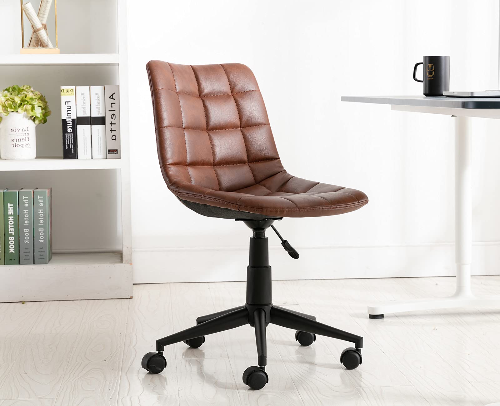 Guyou PU Leather Armless Office Chair - Adjustable Swivel Desk Chair for Home Office, Study, Computer & Conference - Ergonomic Task Chair in Antique Brown - Perfect for Small Spaces & Modern Workspaces