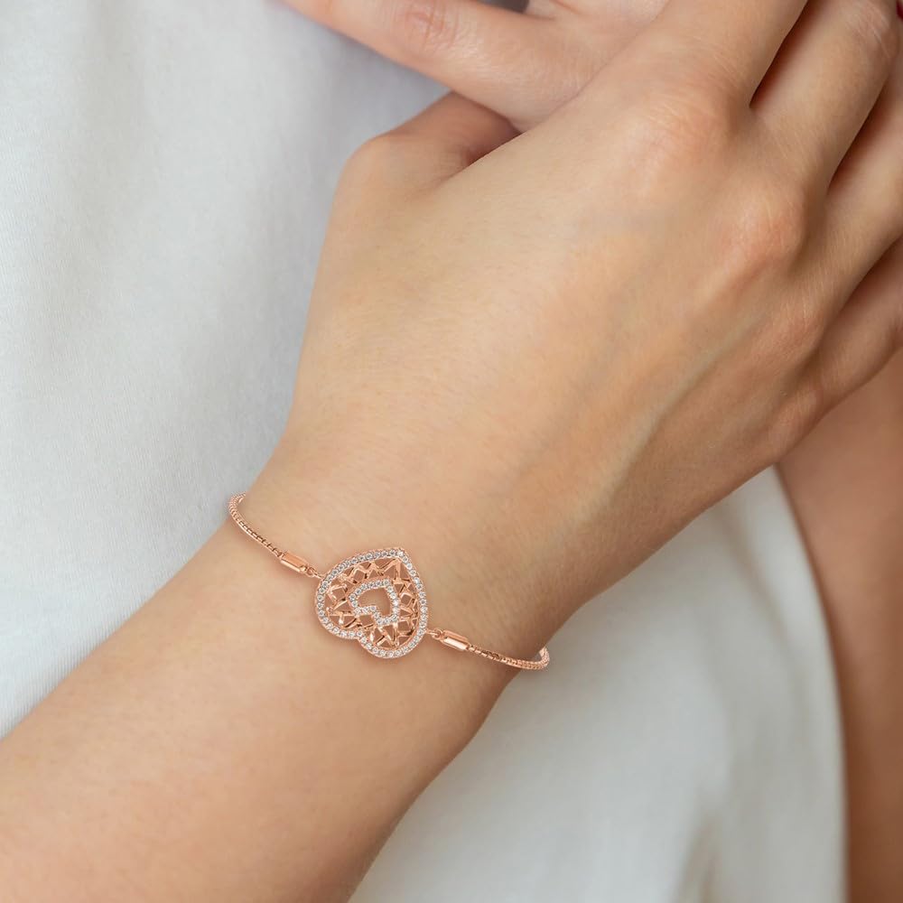 925 Sterling Silver Rose Gold Cubic Zirconia Heart Adjustable Bracelet for Women - Elegant Fine Jewelry Gift for Her (7