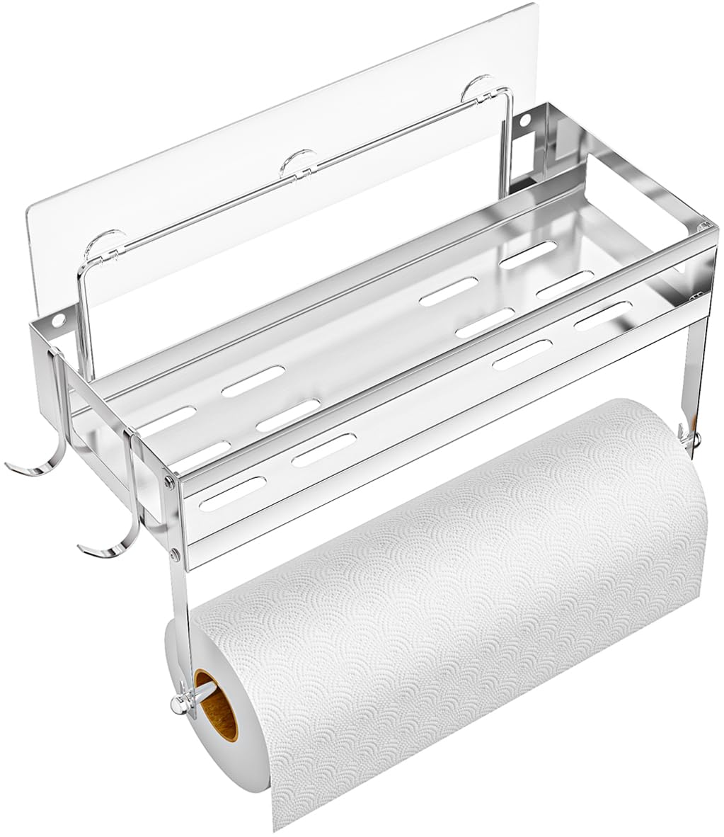 2-in-1 Wall Mounted Paper Towel Holder with Shelf Storage - SUS304 Brushed Nickel Finish - Self-Adhesive or Drilling Installation - Perfect for Kitchen, Bathroom & Balcony Organization - Space Saving Home & Office Storage Solution
