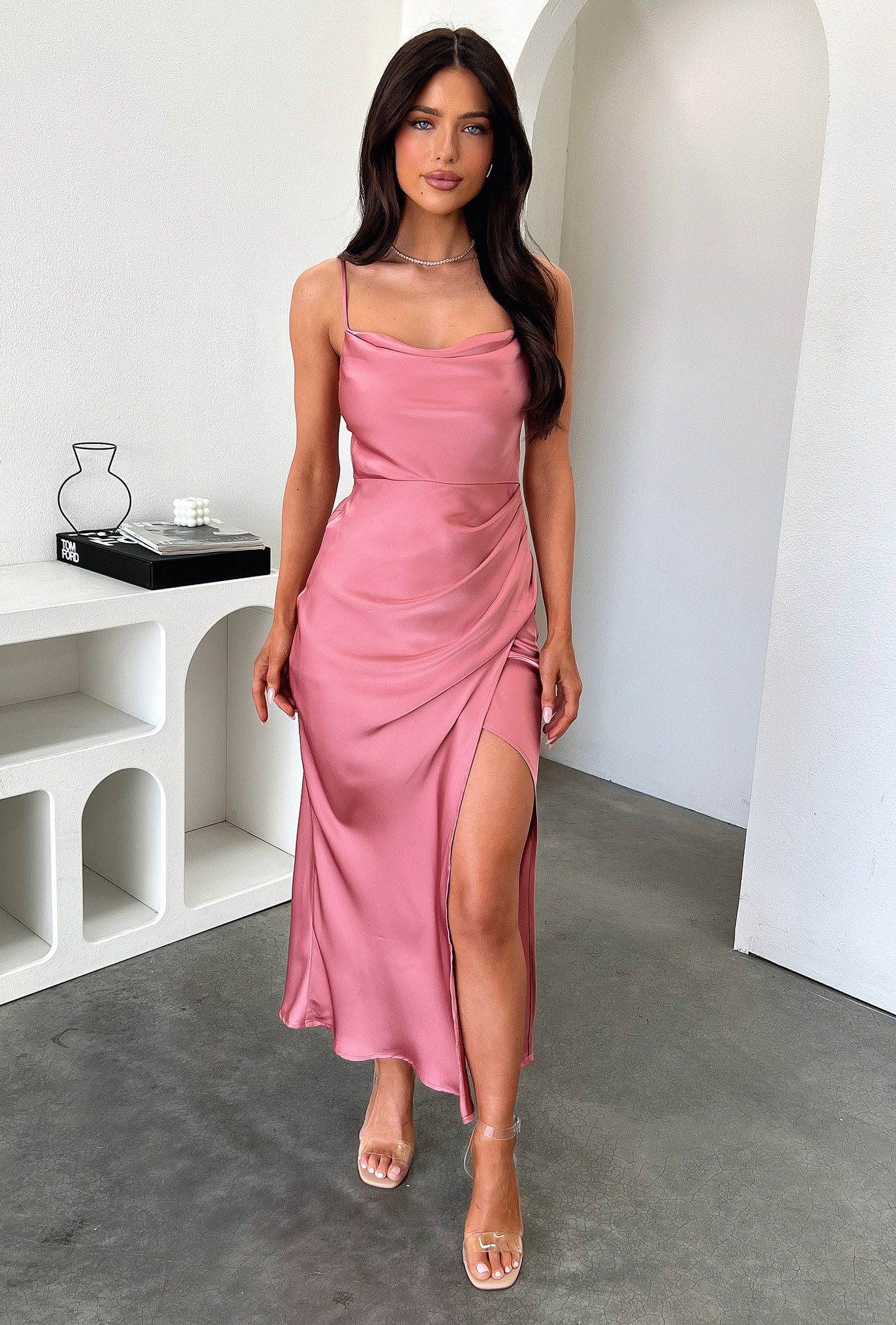 Evelyn Satin Cowl Neck Midi Dress in Rose Pink - Elegant Women's Formal Evening Gown for Cocktail Parties, Weddings & Date Nights