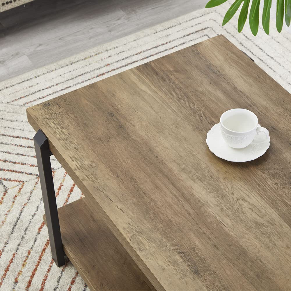 Rustic Industrial Coffee Table with Shelf - Solid Wood and Metal Cocktail Table for Living Room, Bedroom, Office - Oak Finish, Farmhouse Style Home Decor