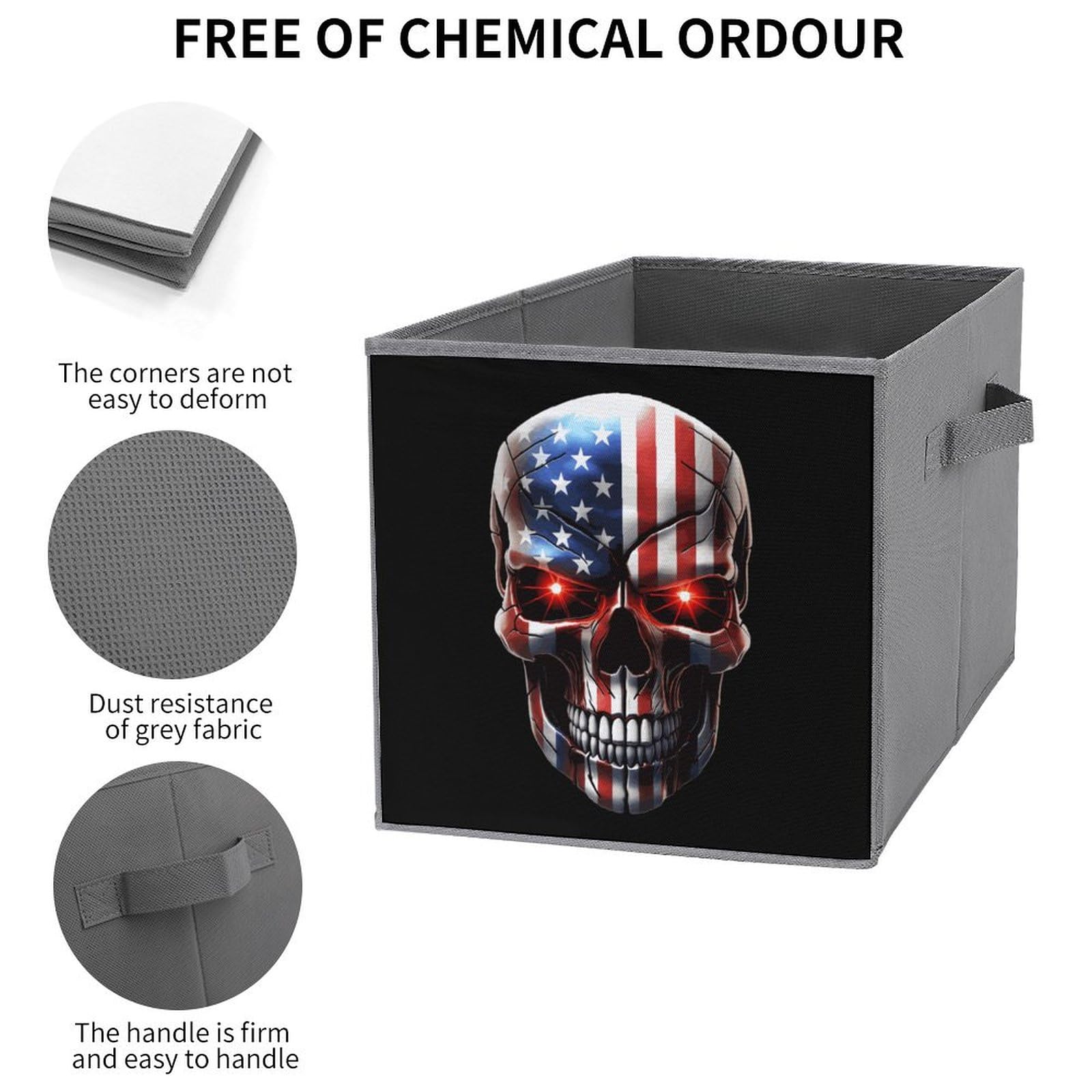 6-Pack Foldable Storage Cubes with Handles - American Flag Skull Design Square Organizer Bins for Closet, Office, or Kids Room Organization