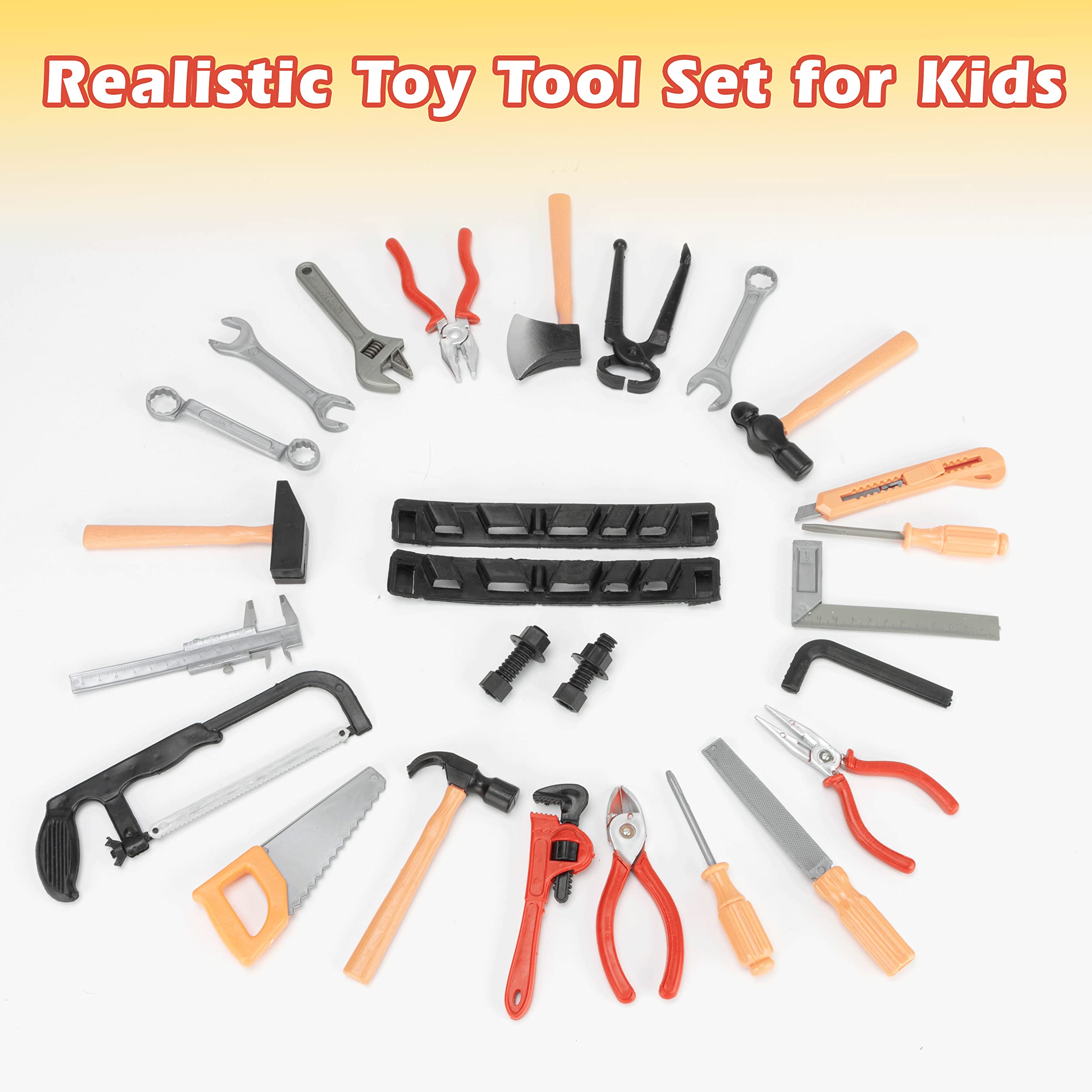 28-Piece Kids Toy Tool Set - Construction Party Supplies, Plastic Pretend Play Tools with Screwdrivers, Pliers, Axes & Saws - Perfect for Boys' Birthday Gifts, Role Play & STEM Learning Activities