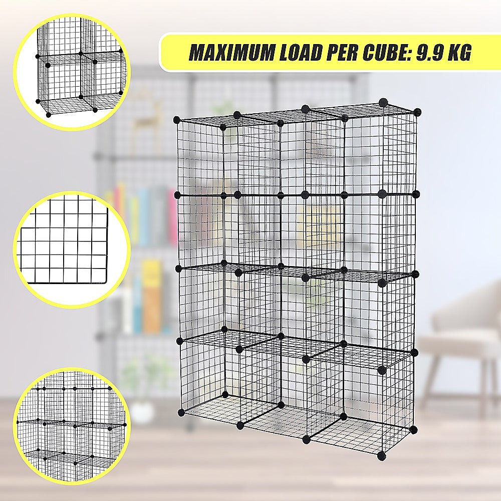 12-Cube Wire Grid Organizer Bookcase - Black Storage Cabinet for Closet, Wardrobe, Office & Living Room Organization