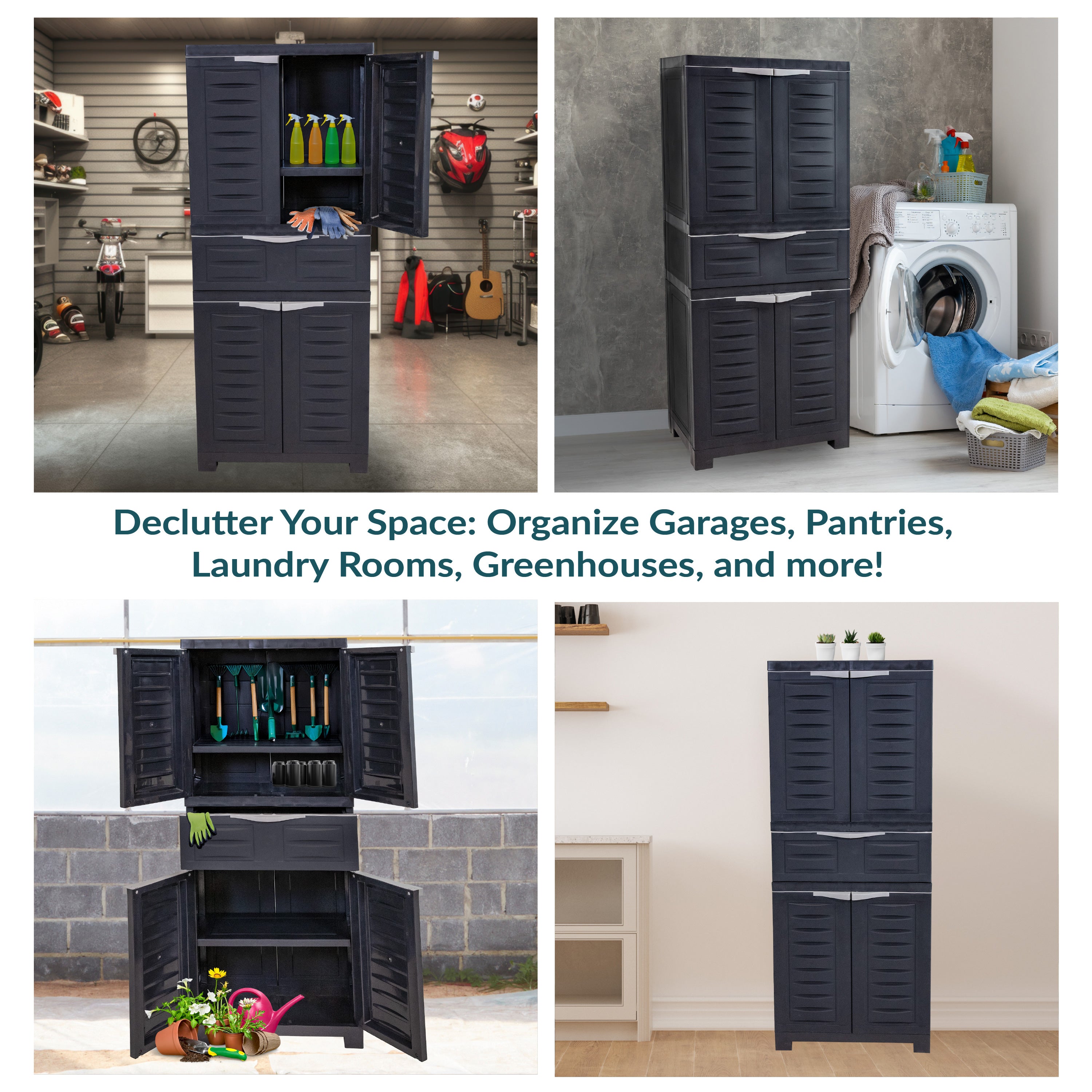 Durable Plastic Garage Storage Cabinet with 2 Adjustable Shelves - Heavy Duty Utility Organizer for Tools, Gardening Supplies & Home Organization