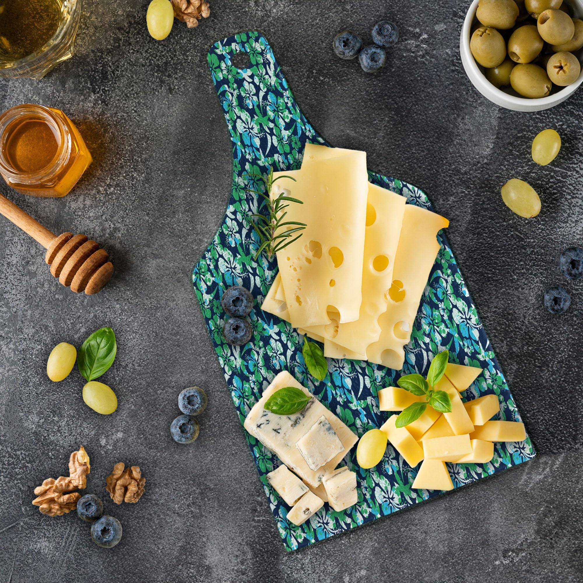 Ambesonne Navy Blue Tempered Glass Cutting Board - Hibiscus Flower & Palm Tree Summer Vacation Design - Decorative Serving Board for Kitchen, Cheese, Charcuterie - Wine Bottle Shape in Navy Blue, Green & White - Perfect for Beach House, Tropical Party & Gift Giving