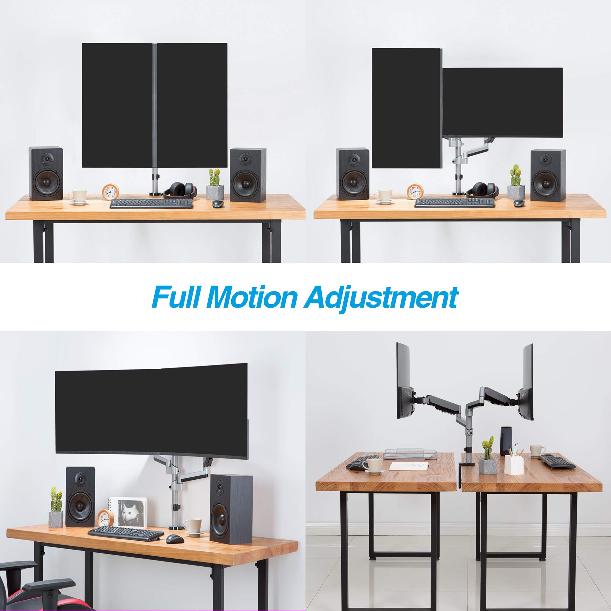 AVLT Dual 13-27 Inch Adjustable Monitor Arm for Two Flat or Curved Screens - Full Motion Height Swivel Tilt Rotation - VESA C-Clamp Grommet Mount with Cable Management - Perfect for Home Office Gaming and Workspace Setup