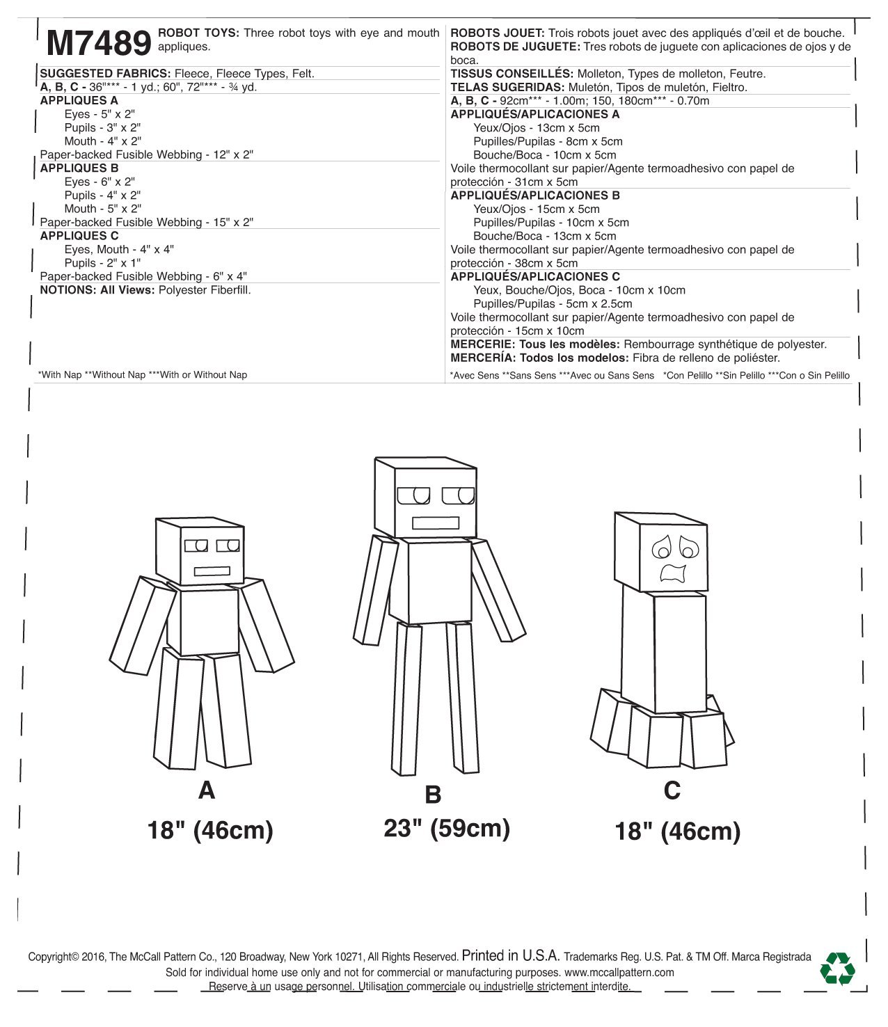 McCall's M7489 Plush Robot Toy Sewing Pattern - DIY Stuffed Animal Craft Kit for Kids & Beginners | Perfect for Gifts, Home Decor, and Sewing Projects