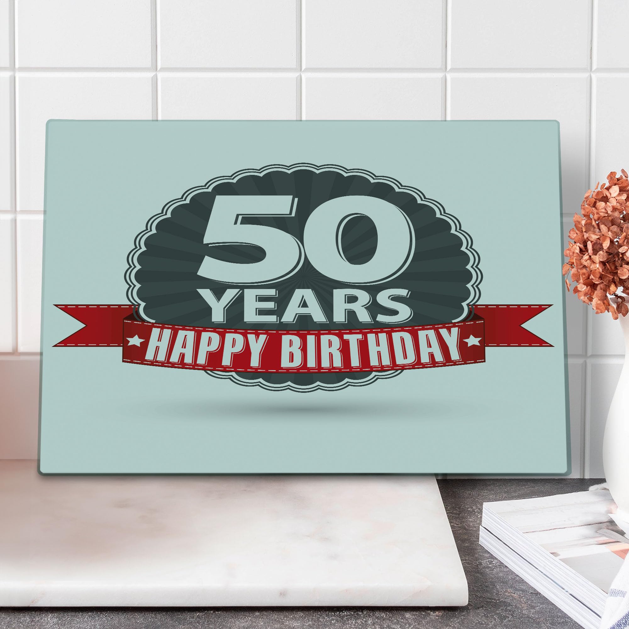 Ambesonne 50th Birthday Cutting Board - Retro Red Ribbon Classic Design Tempered Glass Serving Board - Large Grey Red White - Perfect for Anniversary Gifts & Party Decor