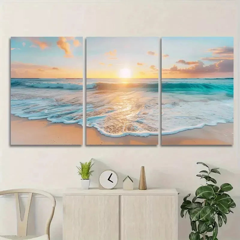 3-Piece Beach Sunset Wall Art Set - Framed Canvas Prints 50x70cm (20x28in) - High Quality Australian Made Wall Decor for Living Room, Bedroom & Office - Ready to Hang Coastal Home Decor