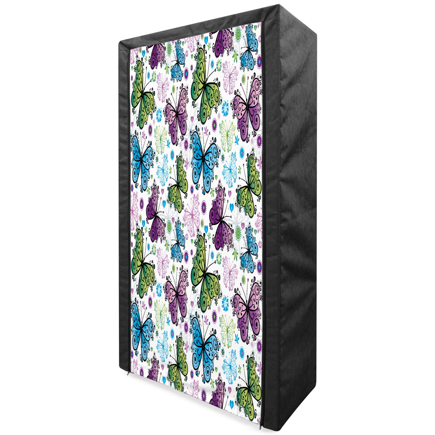 Ambesonne Butterfly Portable Fabric Wardrobe - Colorful Spring Animal Print with Decorative Wings, Hearts & Dots - 33.5 Inch Closet Organizer with Shelves for Bedroom, Closet & Dorm Storage - Multicolor