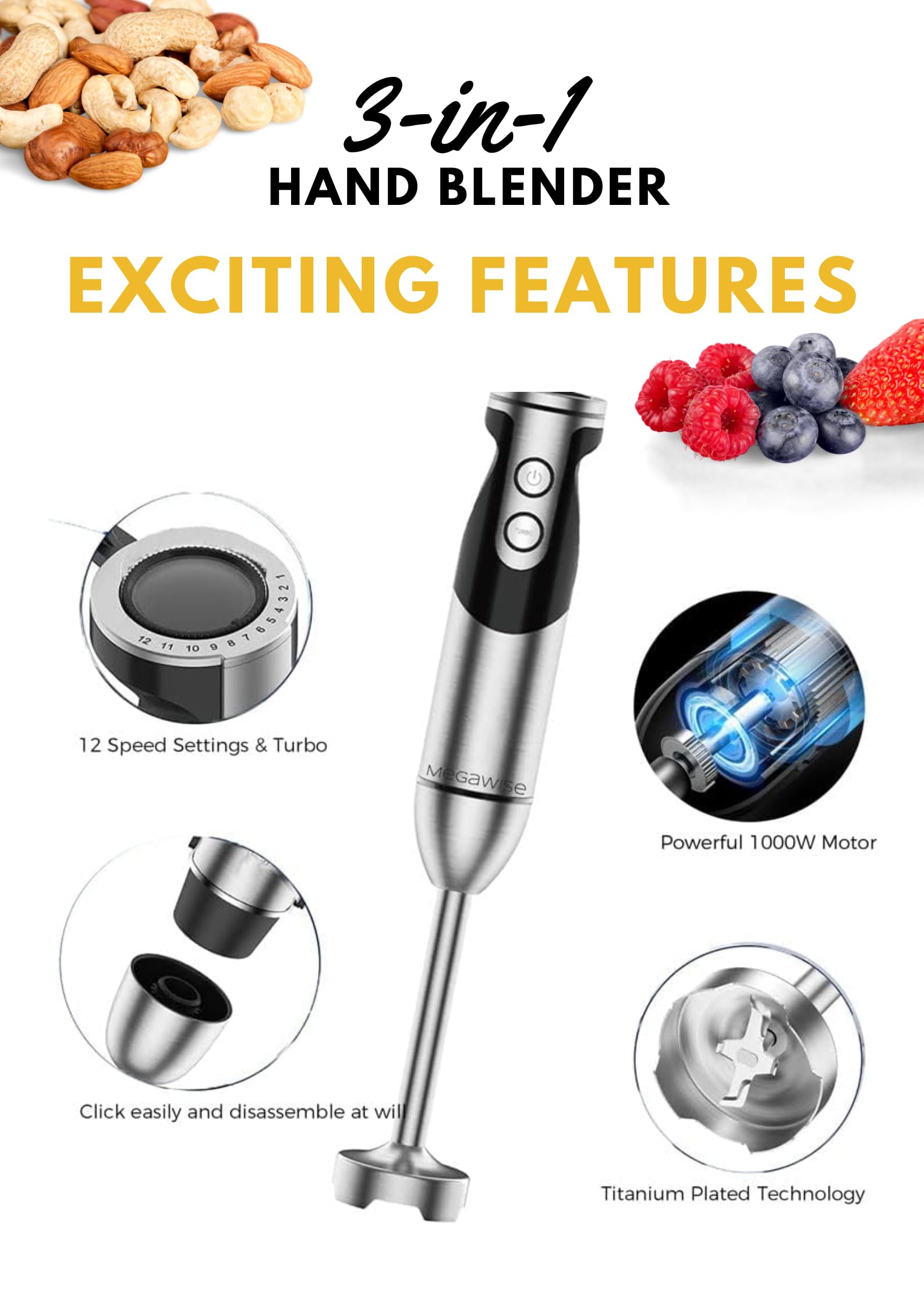 MegaWise 3-in-1 Immersion Hand Blender with Titanium-Reinforced Stainless Steel Blades - 12 Speed Settings, Whisk & Milk Frother Included - Powerful 800W Motor for Smoothies, Soups & Baking (Black) - Perfect for Kitchens, Restaurants & Home Chefs