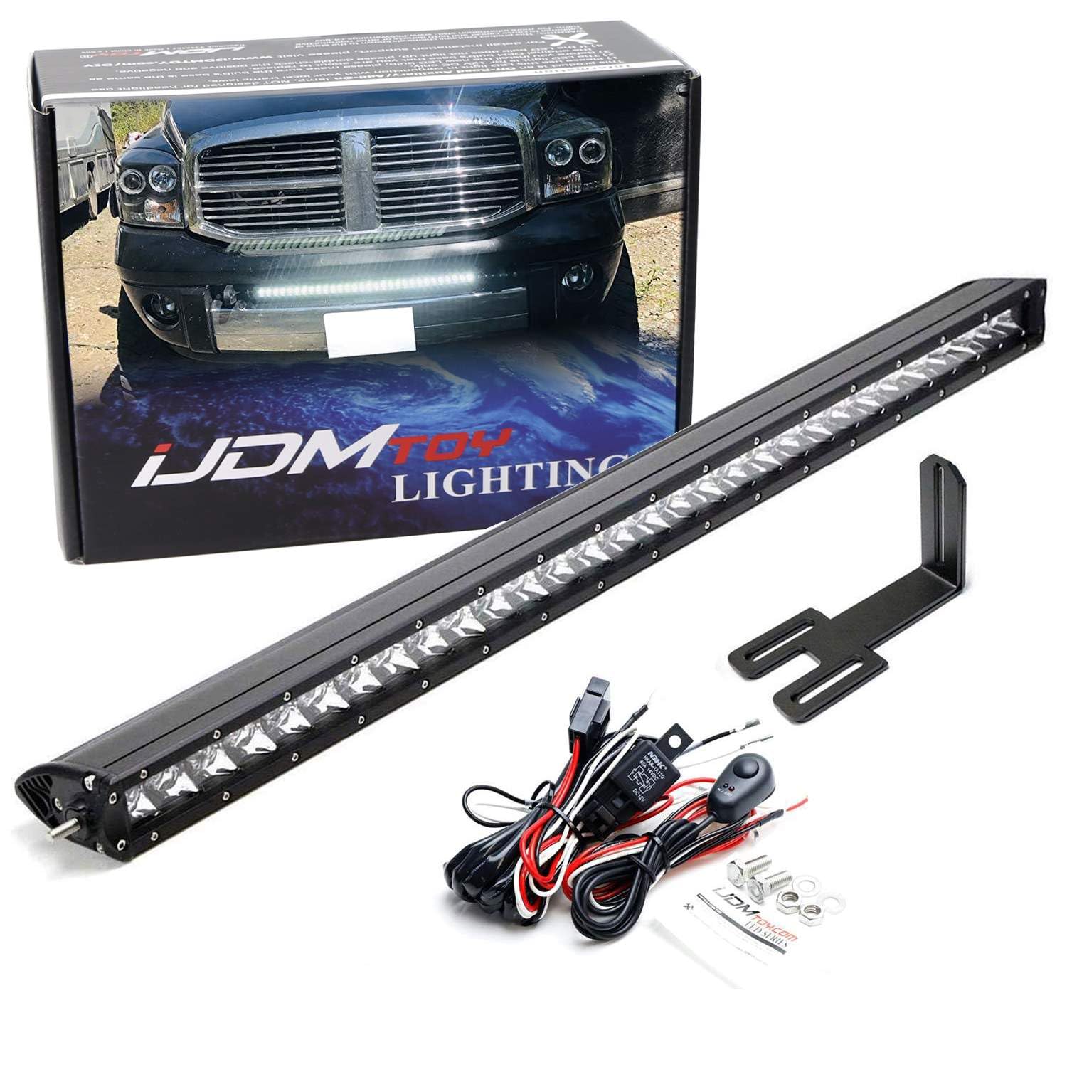 iJDMTOY 30-Inch LED Light Bar Kit for 2003-2018 Dodge RAM 2500/3500 - 150W High Power Off-Road Lighting with Lower Grille Mount Brackets & Wiring Switch - Perfect for Truck Off-Roading, Night Driving & Work Lighting