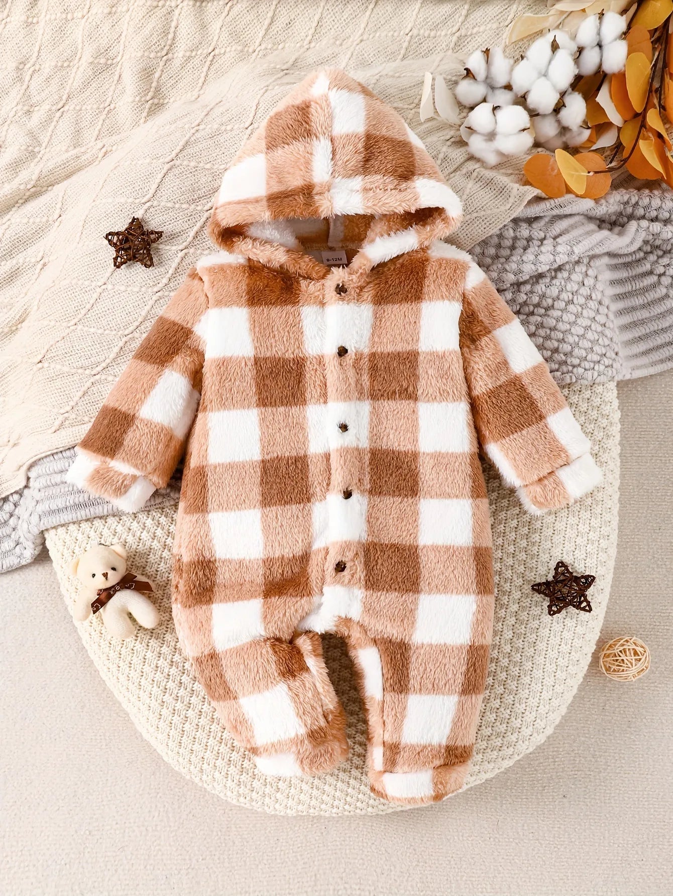 Soft Arctic Velvet Baby Girls' Onesie - Warm Brown Plaid Hooded Romper with Feet for Newborns | Cozy Winter & Fall Outfit for Infants