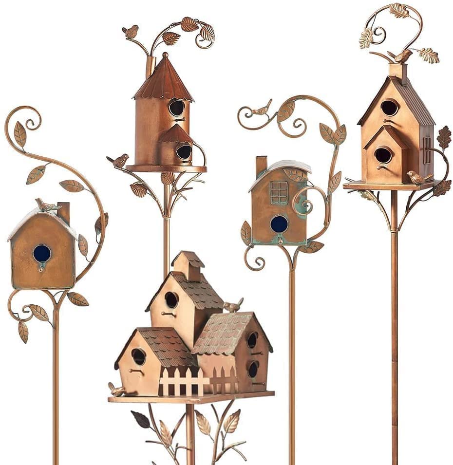 **2022 New Metal Bird House with Pole - Copper Cottage Hummingbird House for Garden, Backyard, Patio & Courtyard Decor - Outdoor Birdhouse Stakes for Attracting Birds**    *(Use: Perfect for garden decoration, bird watching, and enhancing outdoor spaces like patios, backyards, and courtyards.)*