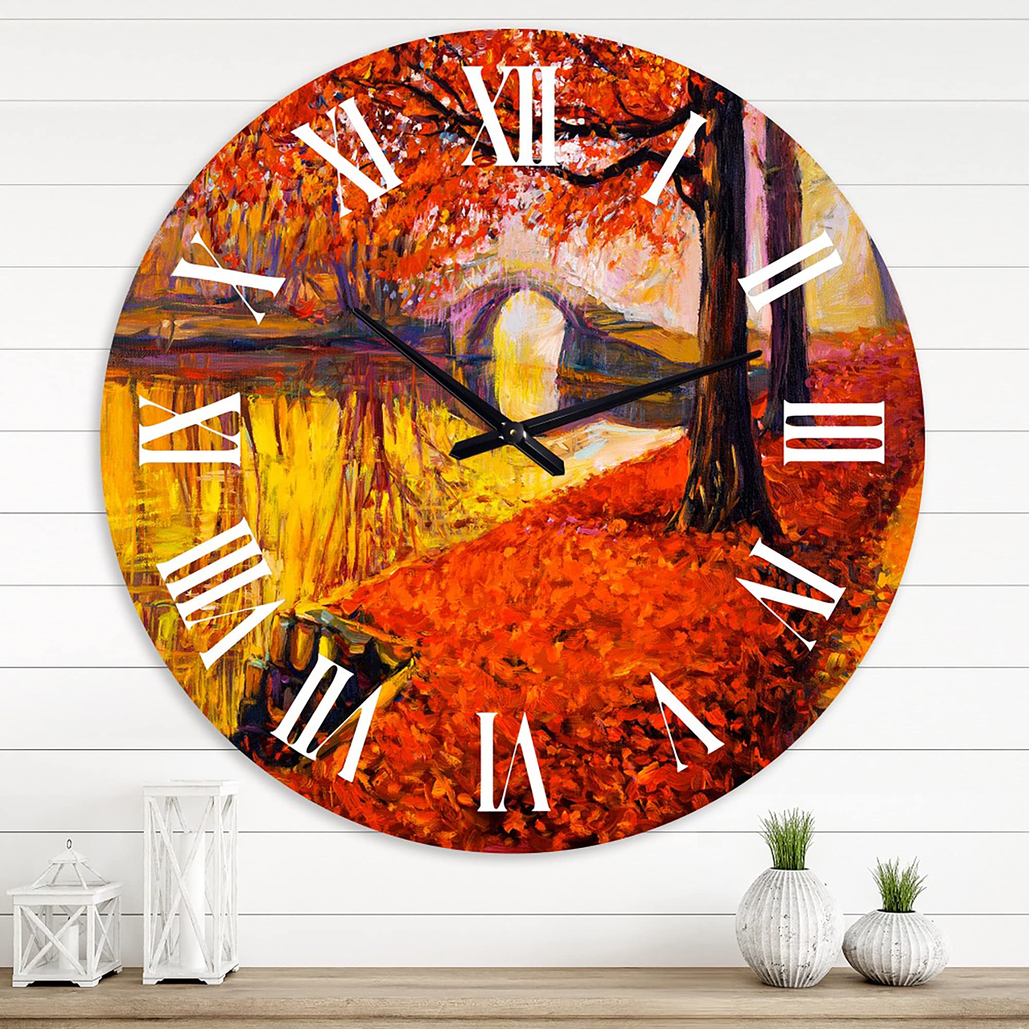 DesignQ Traditional Wall Clock - Orange Autumn Landscape with Little Bridge - Large Nature-Inspired Wall Clock for Home & Office Decor - Perfect for Living Room, Bedroom, and Workspace
